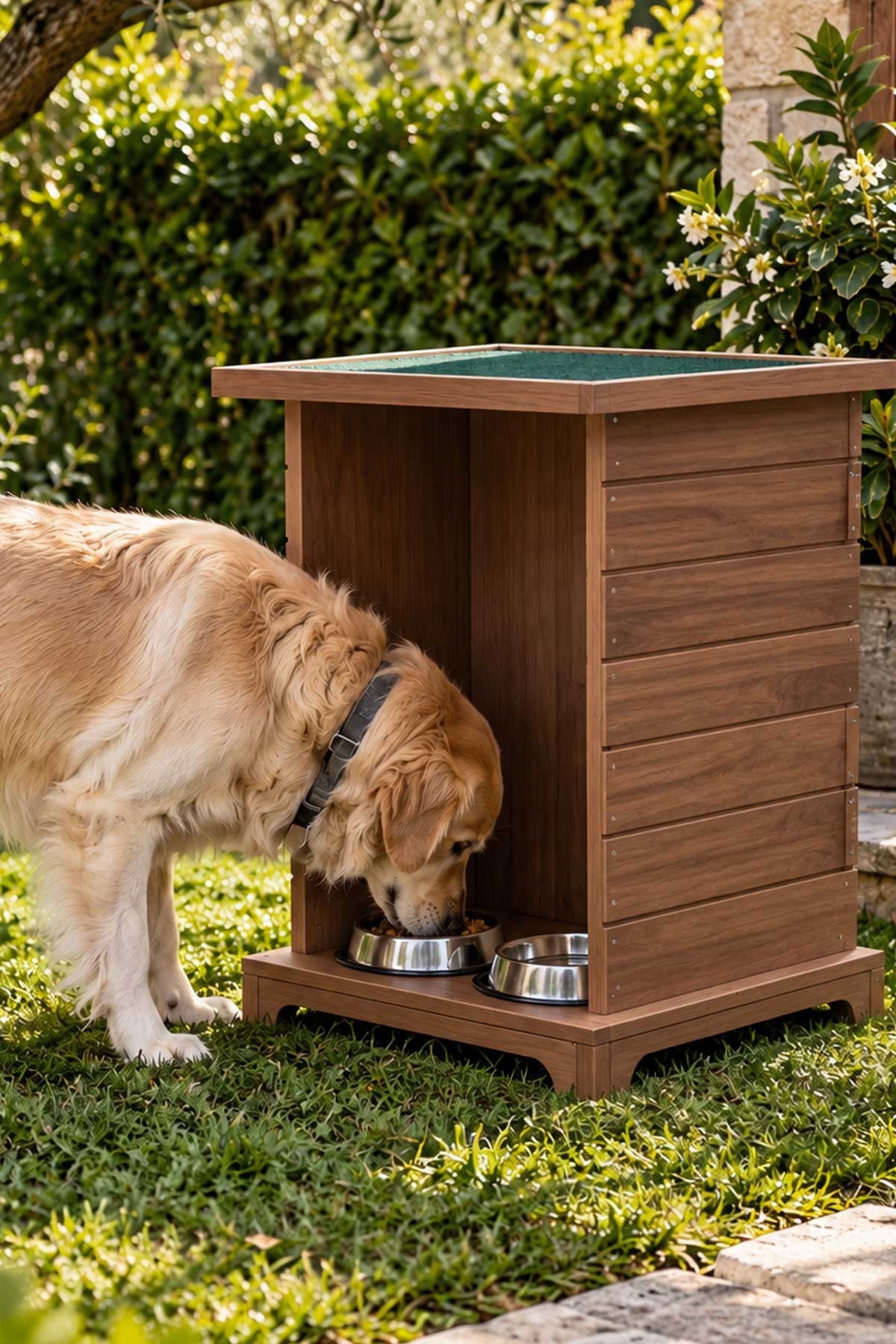 Reyo Büyük Boy Köpek Ahşap Mama İstasyonu, Kedi Mama İstasyonu Su Geçirmez Memran Çatılı, Uzun Ömürlü Kullanım Ceviz DOGMİ 