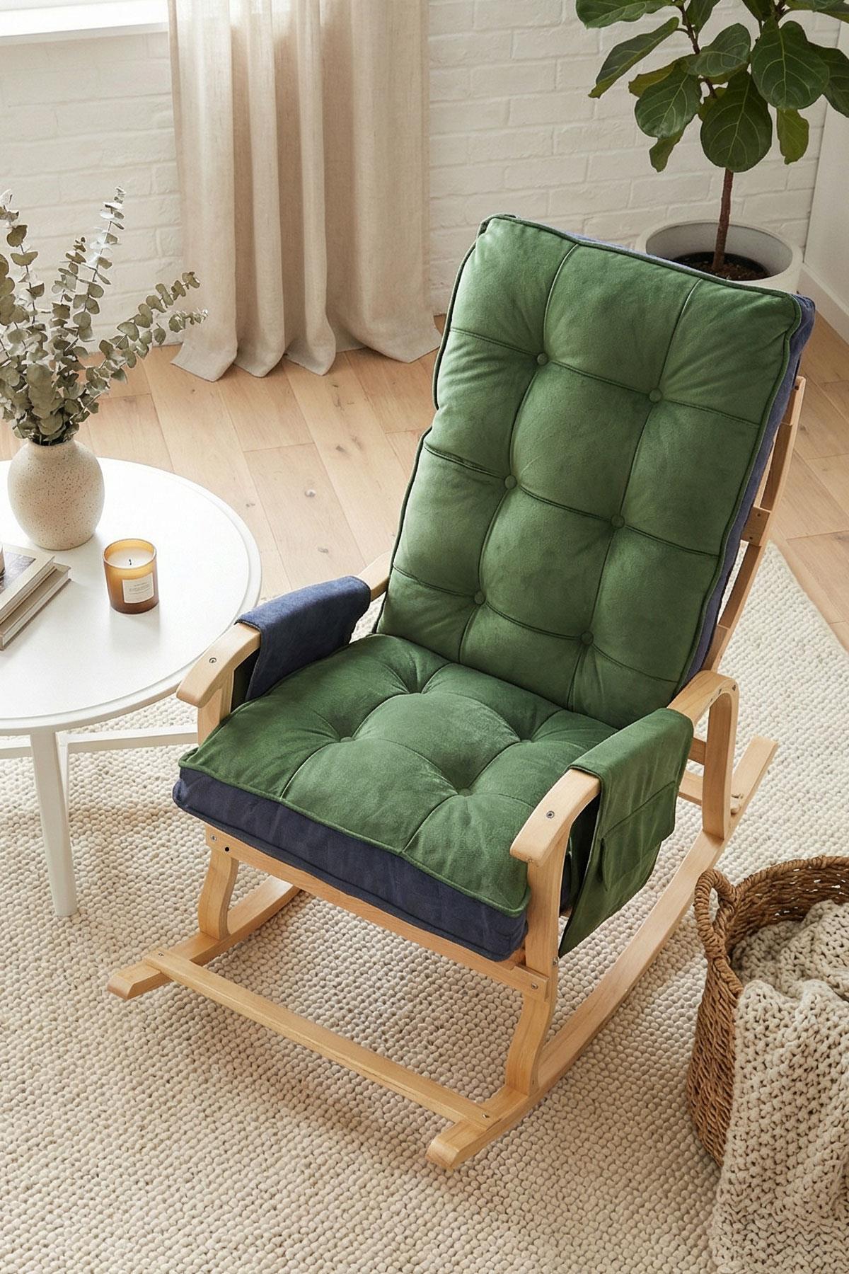 Reyo Home Sultan Lüx Ahşap Çift Minderli Çift Cepli Sallanan Sandalye Yeşil Füme