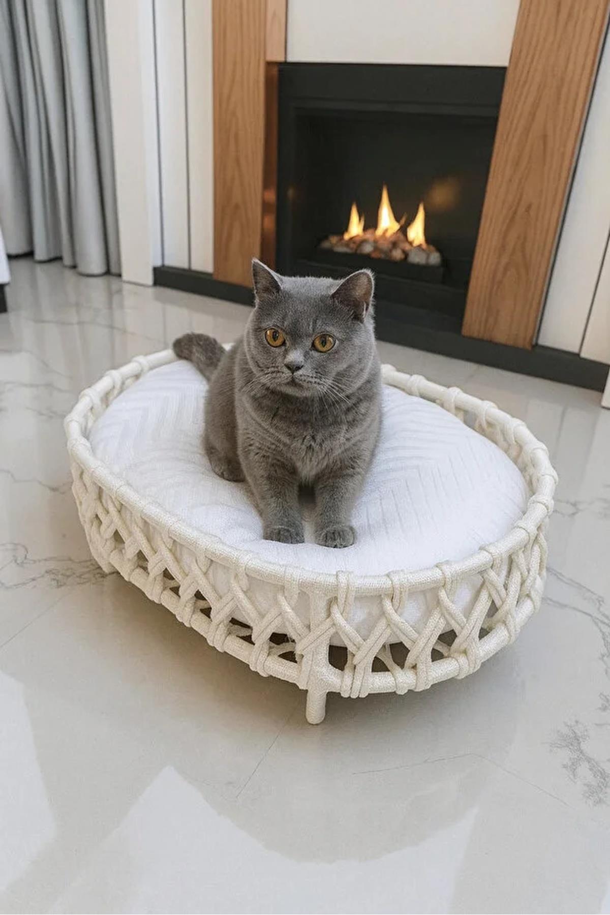 Tasaryum El Örgüsü Kedi Yuvası Yatağı Bej
