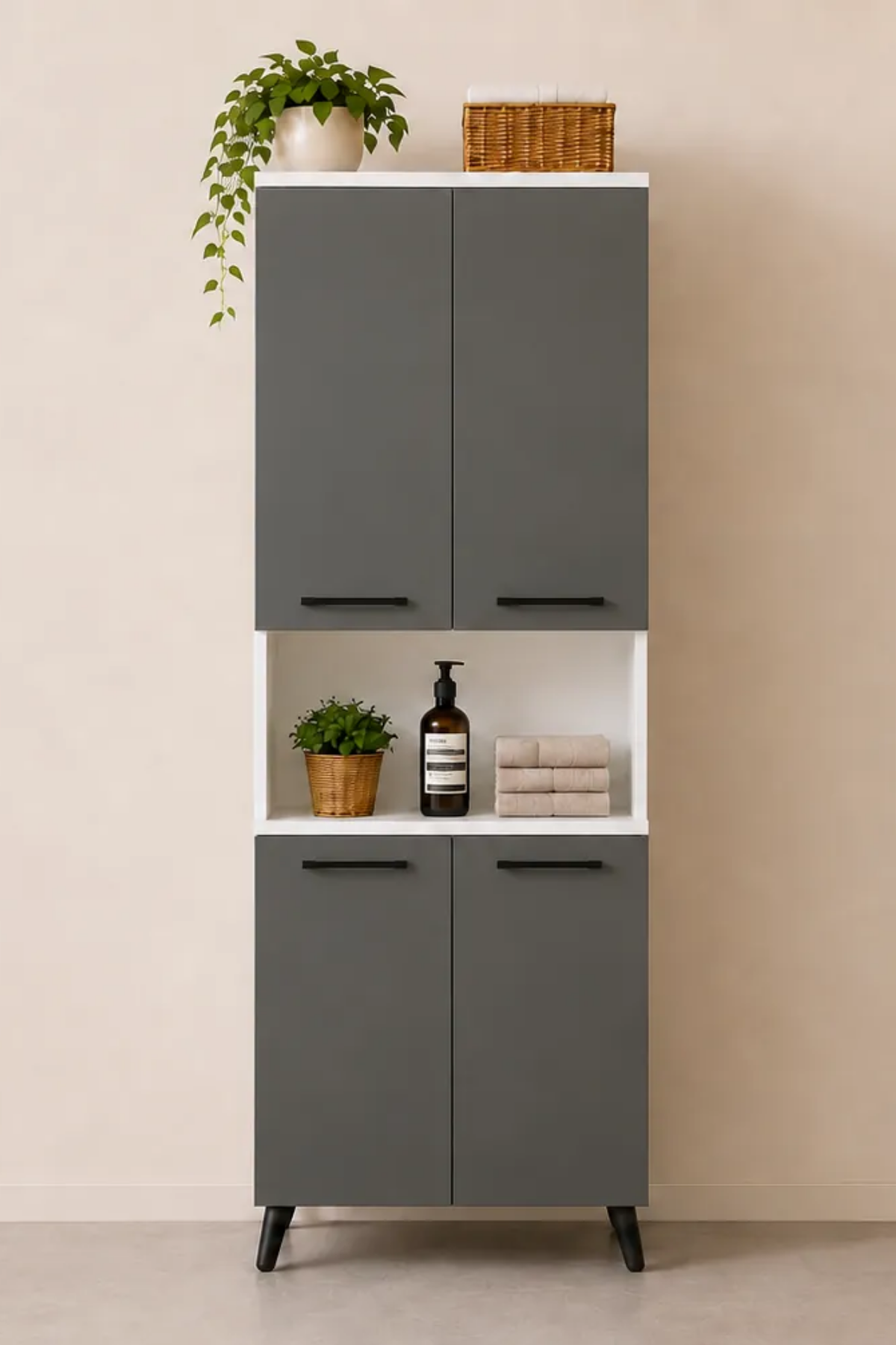 Enda Home Listra 4 Kapaklı Çok Amaçlı Dolap 170,8 cm,  Raflı, Ayaklı Depolama Dolabı Antrasit - Beyaz