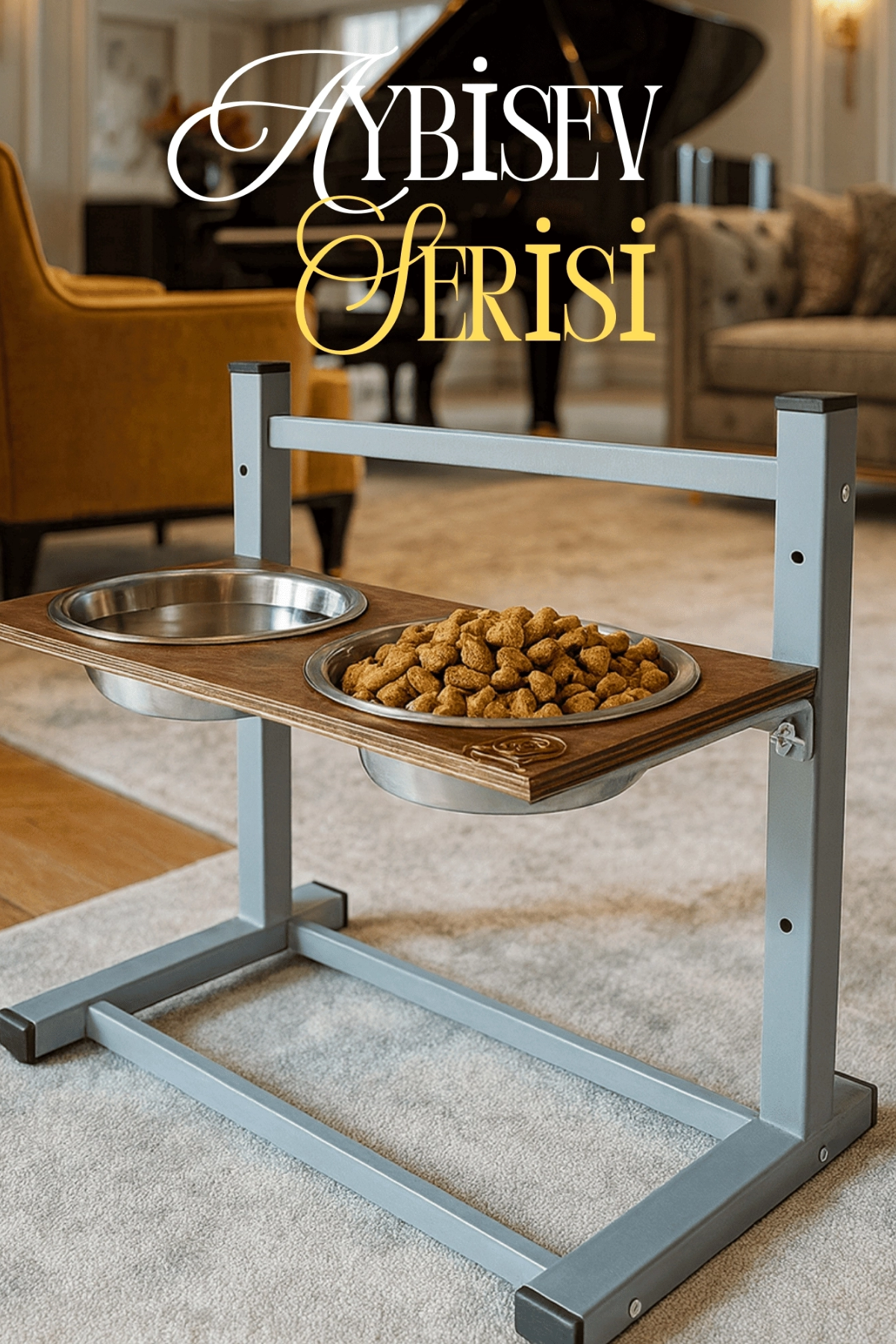 Reyo OK-AY Store Aybisev Büyük ve Orta Boy Köpekler İçin Ayarlanabilir 3 Yükseklikli Paslanmaz Çelik Mama ve Su Kabı Standı Gri-Ceviz