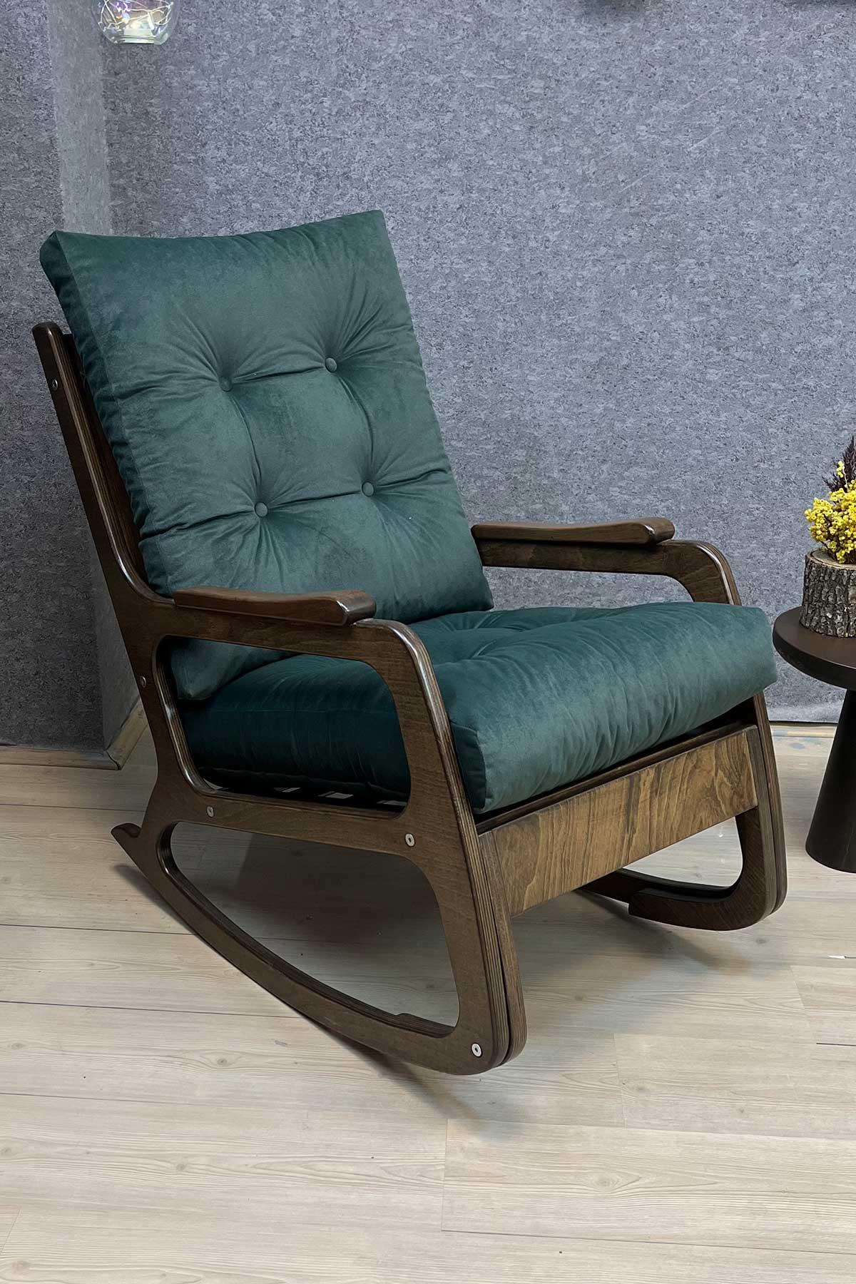 Asedia Kontes Ceviz Yeşil Dolgu Minderli Sallanan Sandalye Dinlenme Koltuğu Baba Koltuğu