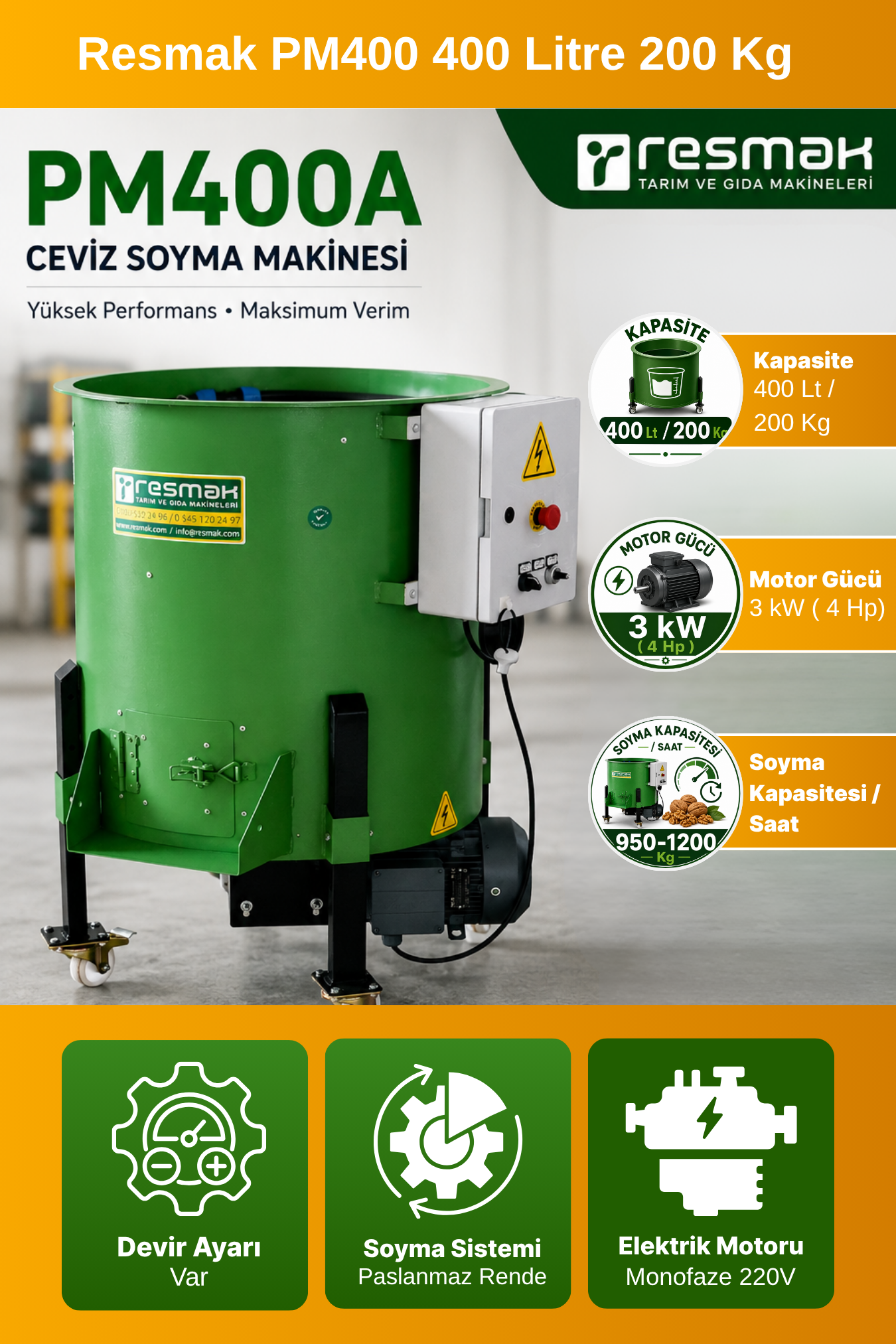Resmak PM400A 400 Litre 200 Kg Devir Ayarlı Ceviz Soyma Makinesi