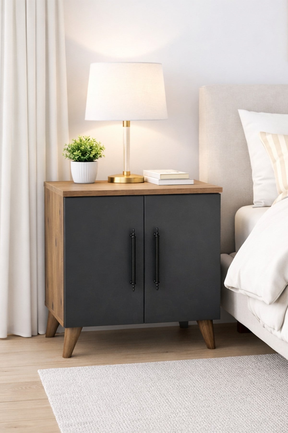 Enda Home Lumen 2 Kapaklı Raflı Klasik Komodin Antrasit-Atlantik Çam