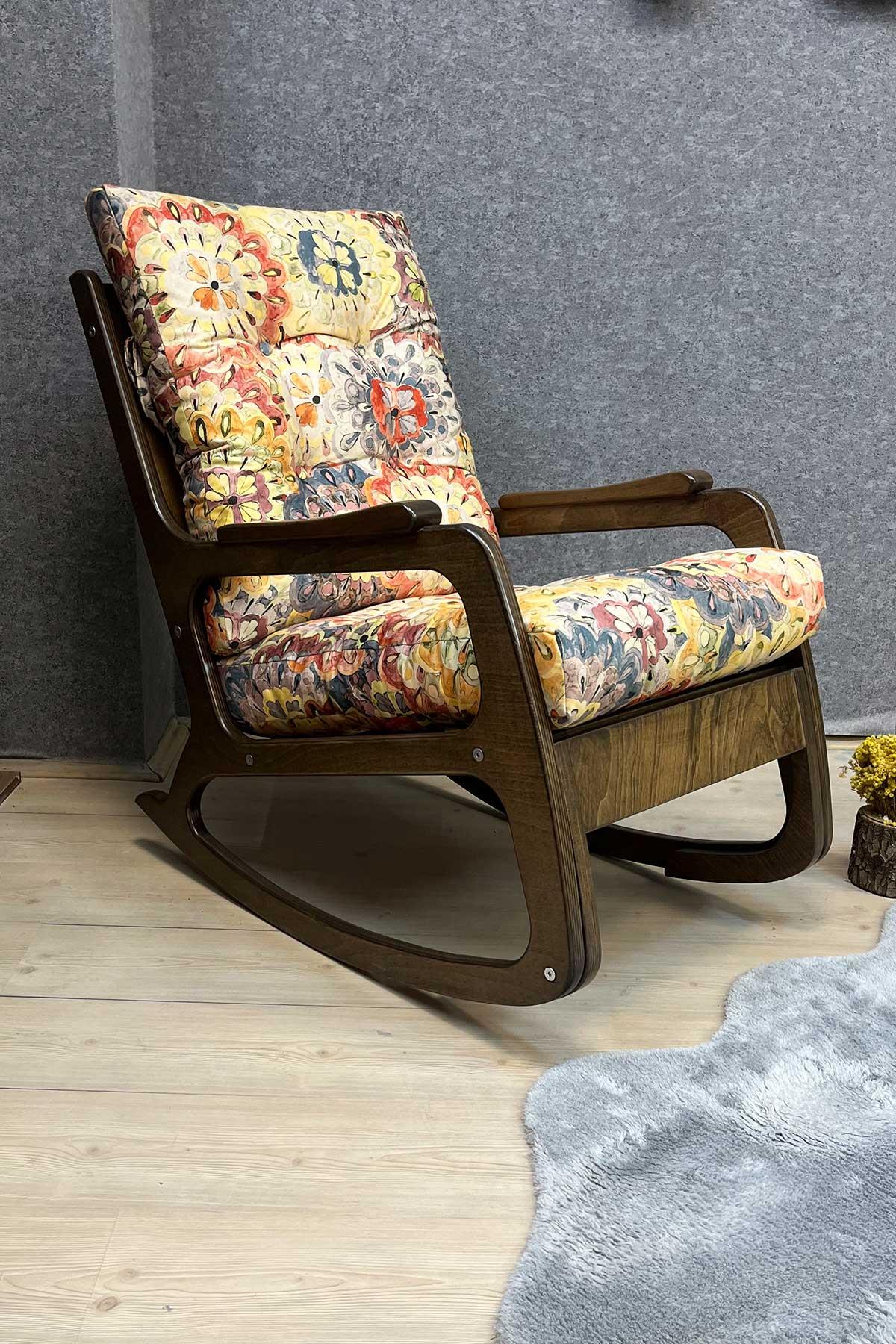 Asedia Kontes Ceviz Çiçek Desenli Dolgu Minderli Sallanan Sandalye Dinlenme Koltuğu Baba Koltuğu