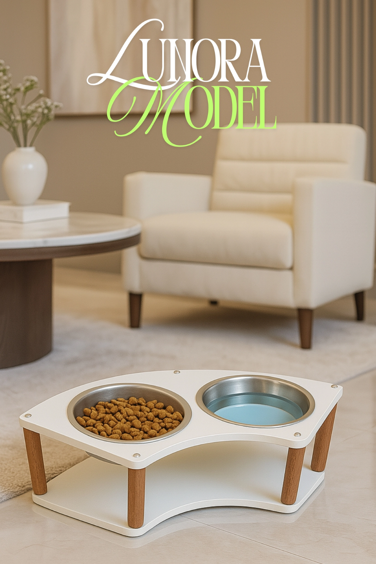 Reyo OK-AY Store Lunara Modern Ahşap Demonte Kedi ve Köpek Mama Standı 2'li Paslanmaz Çelik Kaseli Beyaz