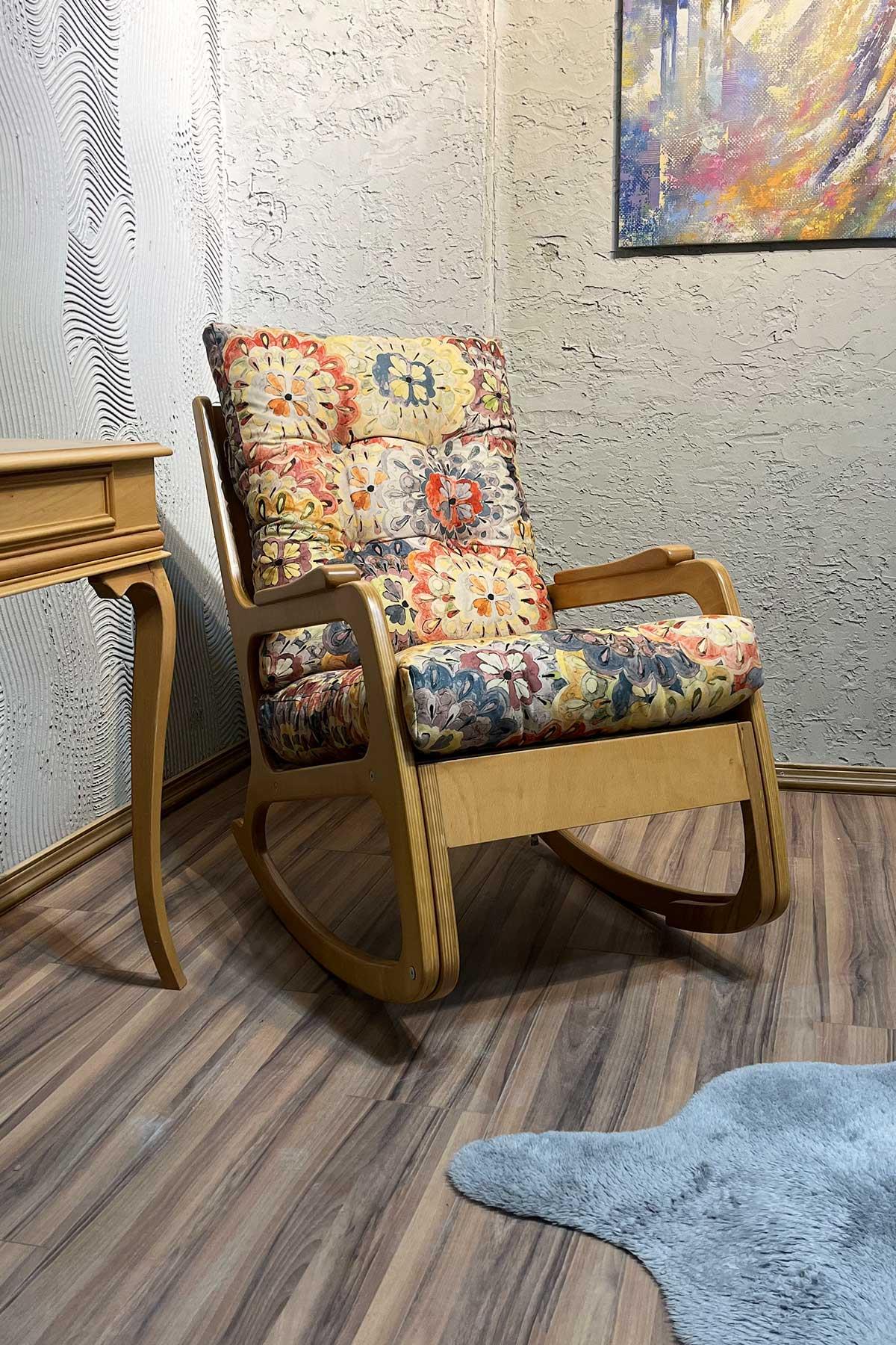 Asedia Kontes Naturel Çiçek Desenli Dolgu Minderli Sallanan Sandalye Dinlenme Koltuğu Baba Koltuğu