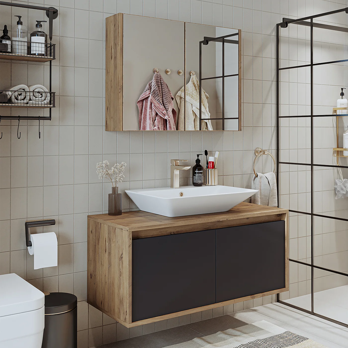 Roomart Tm7.2 Lavabolu Ahşap-Antrasit Mdf 100 cm Banyo Dolabı + Aynalı Banyo Üst Dolabı BANOS1709