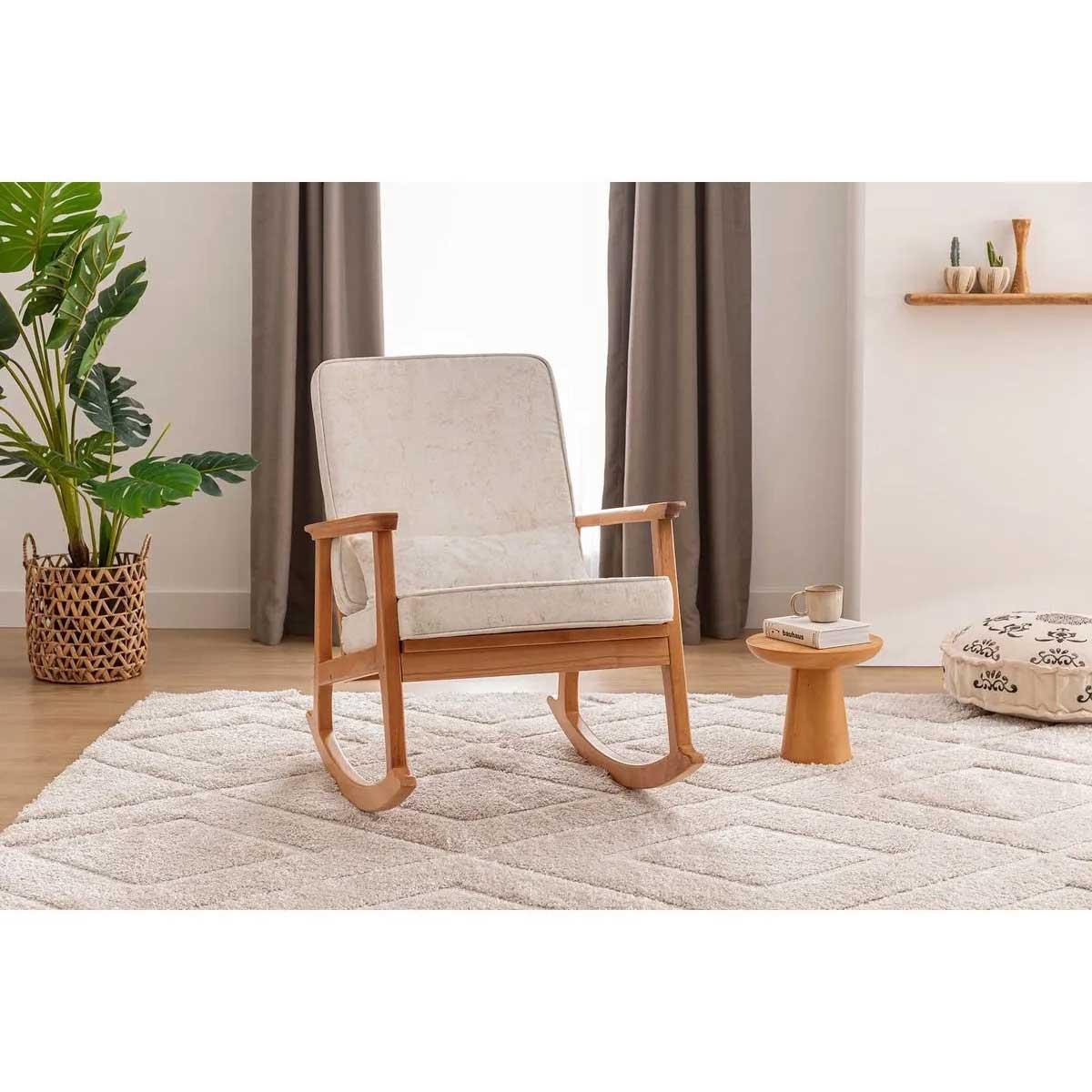 Asedia İskandinav Naturel Krem Minderli Puflu Sallanan Sandalye Dinlenme Koltuğu