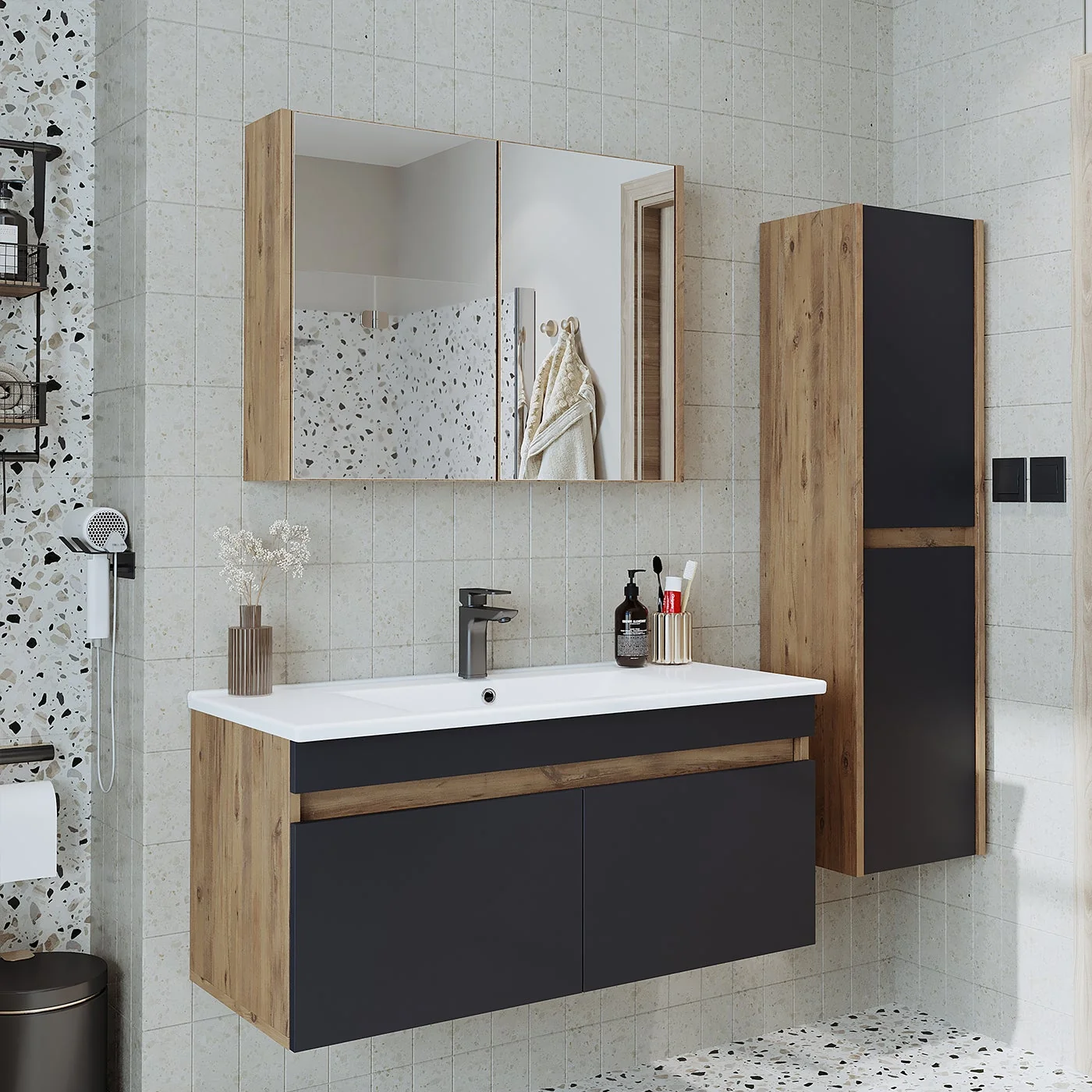 Roomart Lavabolu Atlantik - Antrasit Mat Mdf 100 cm Alt Dolap + Aynalı Üst Dolap + Boy Dolap