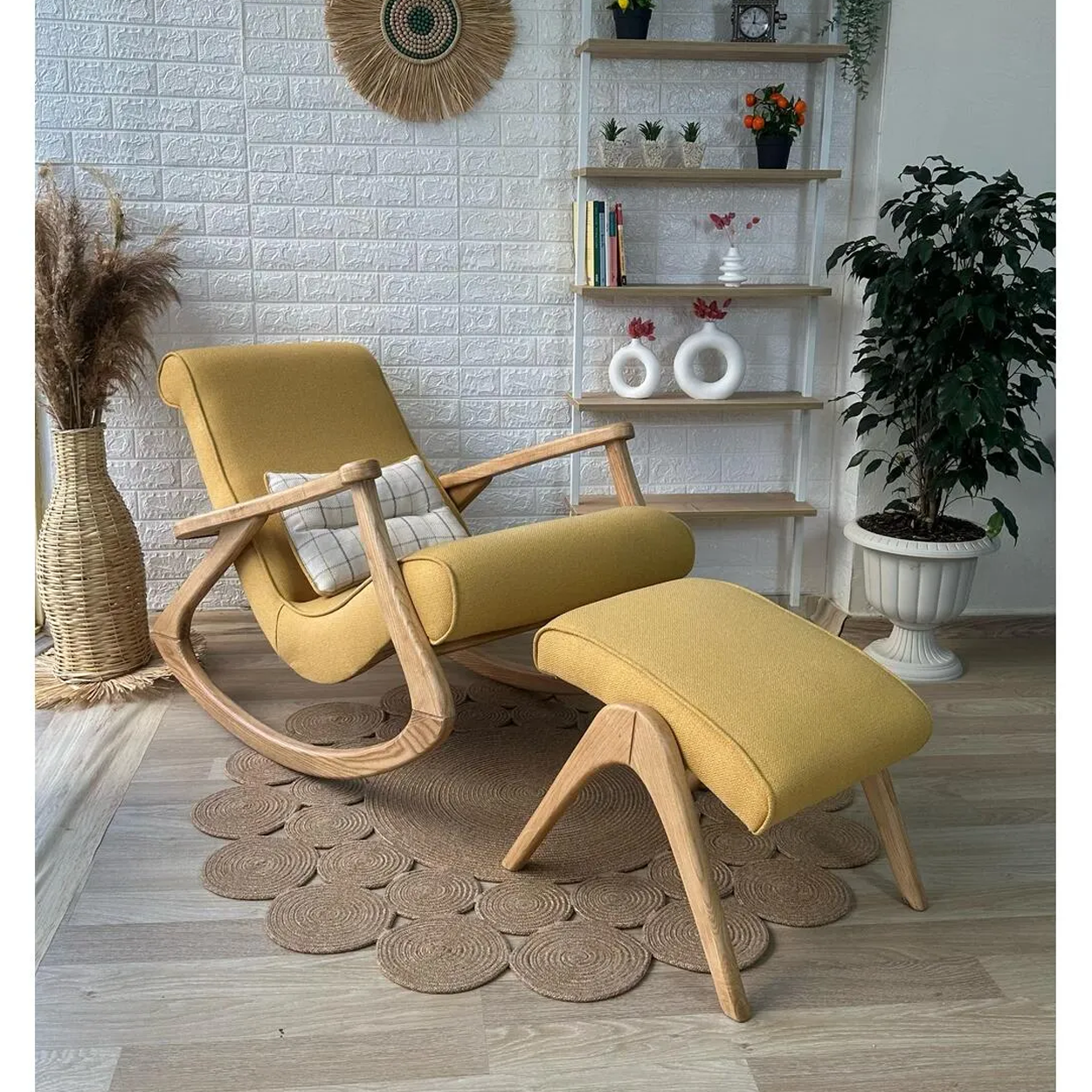 Asedia Ekol Naturel Sarı Ahşap Sallanan Sandalye Dinlenme Emzirme Baba Tv Okuma Uzanma Koltuğu Berjer ESS