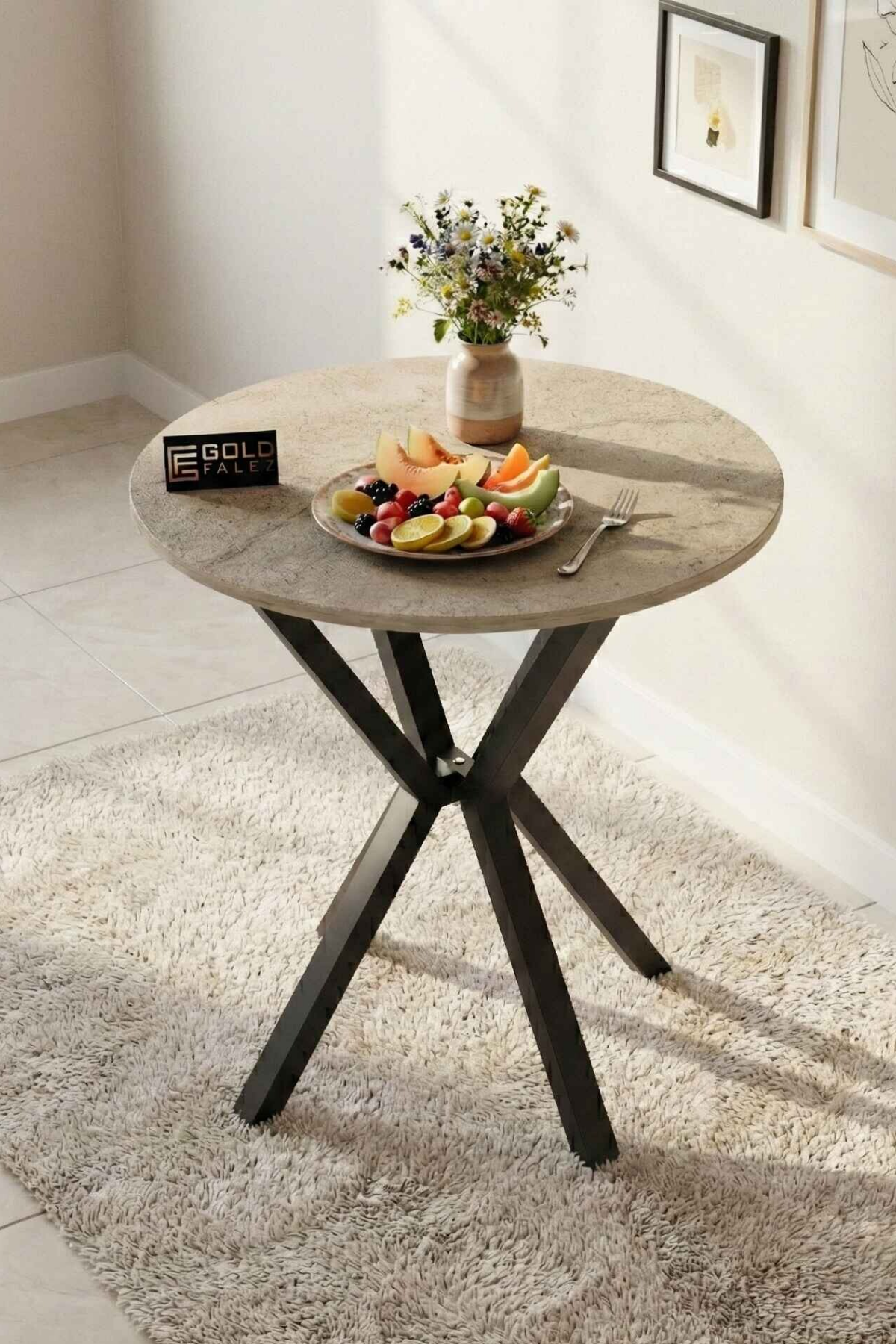 Reyo Falez 70 cm Yuvarlak Mutfak Masası Metal Ayaklı Modern Yemek Balkon Bahçe Kafe Masası Traverten 9821