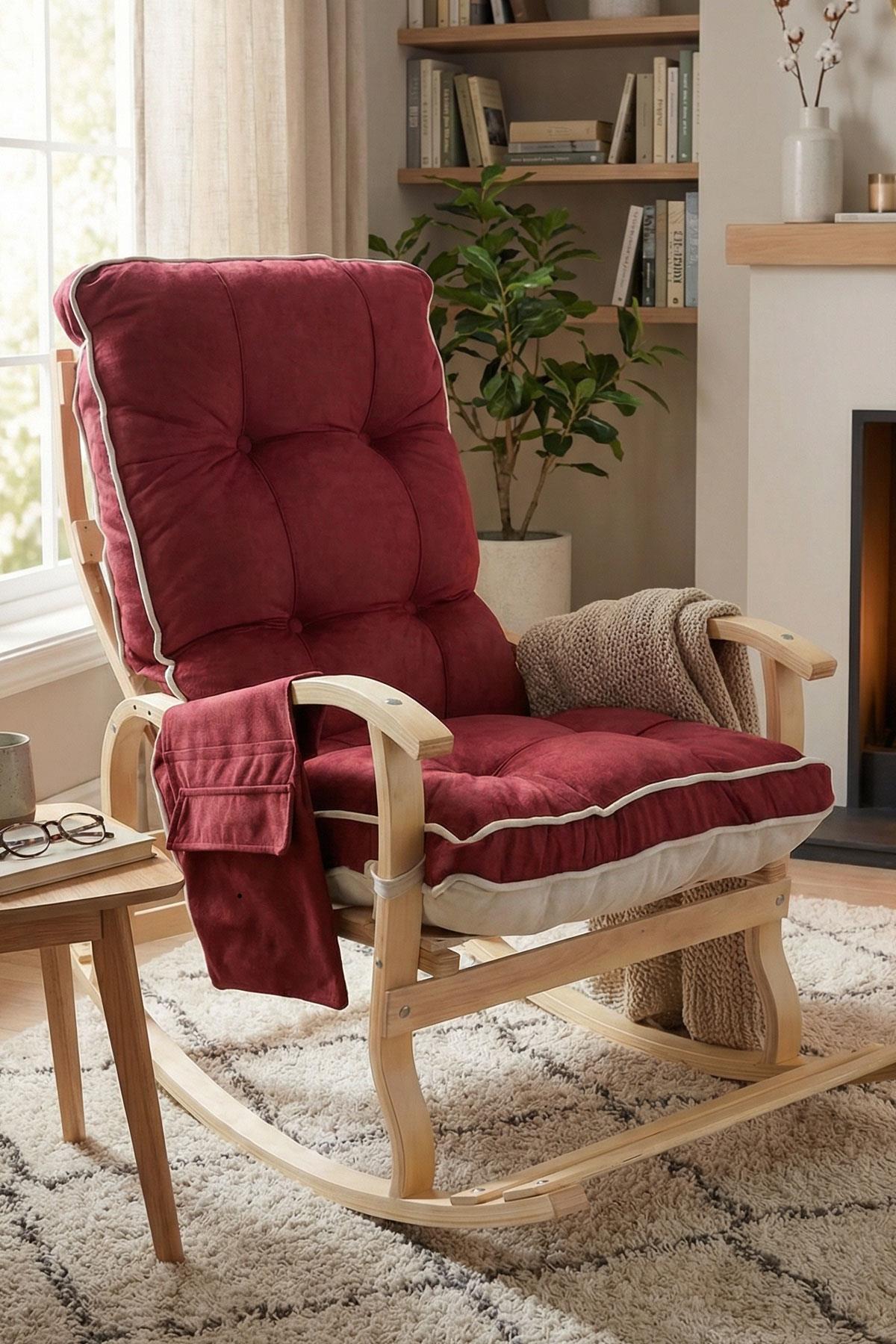 Reyo Home Sultan Lüx Ahşap Çift Minderli Çift Cepli Sallanan Sandalye Bordo Krem