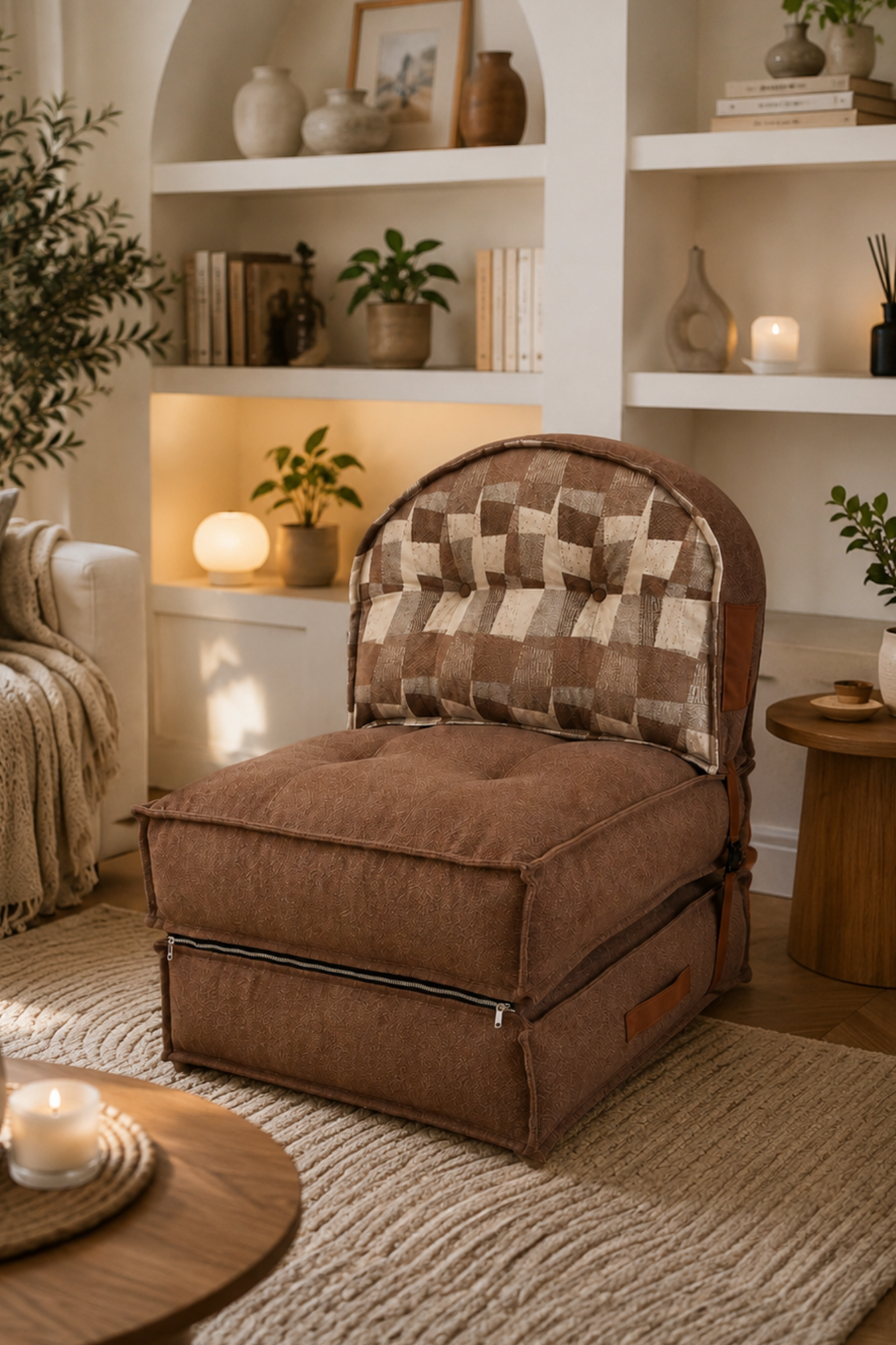 Pufymax Comfy Plus Oval Bohem Tekli Koltuk Yatak Olabilen Katlanır Berjer & Modüler Yer Yatağı 75x75x 90 cm Kahve