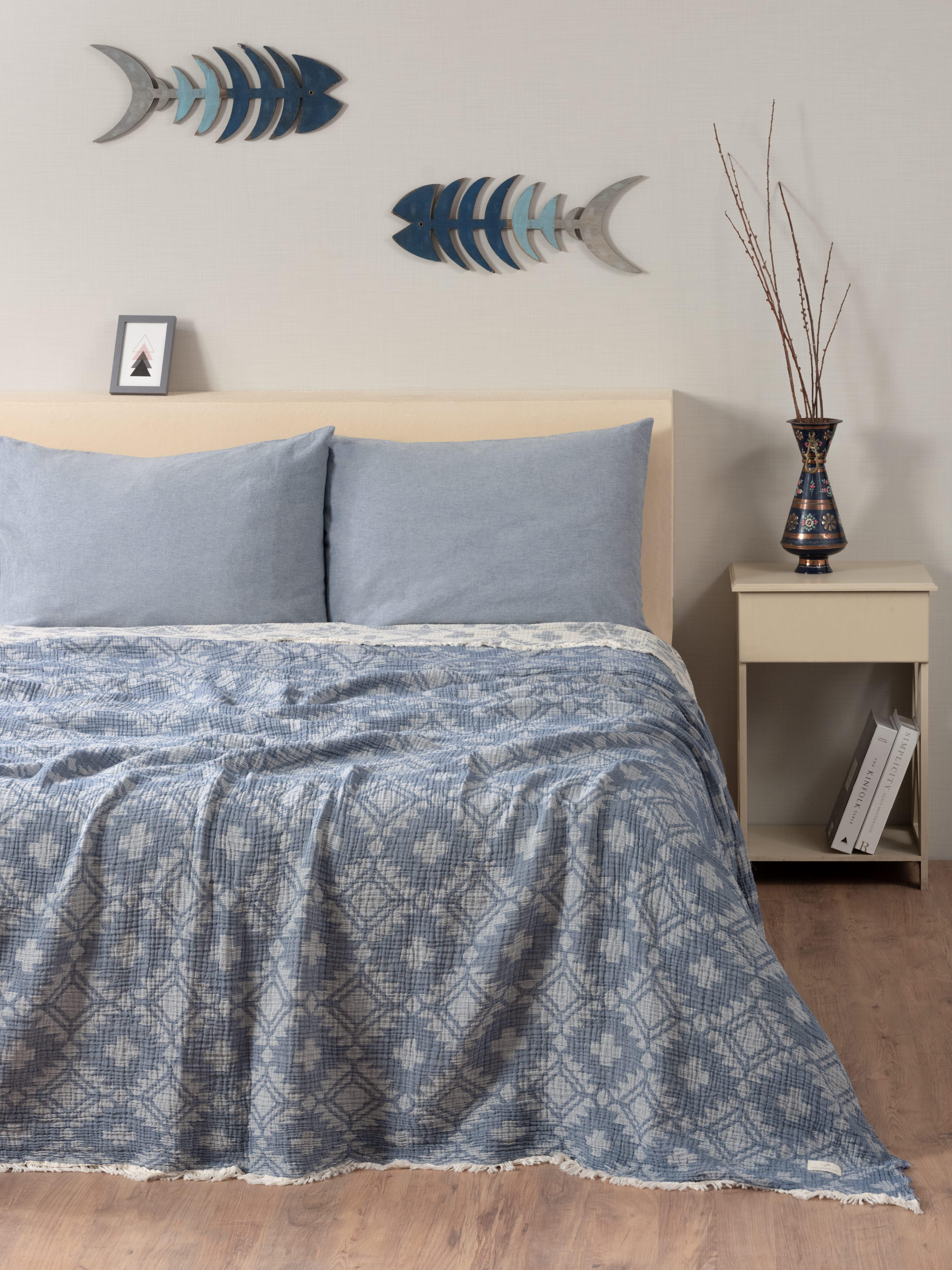 Mylasa Home Müslin 4 Katlı Aztec Desenli (Jakarlı) Çift Kişilik Yatak Örtüsü-Yazlık Pike 220x240cm - Lacivert