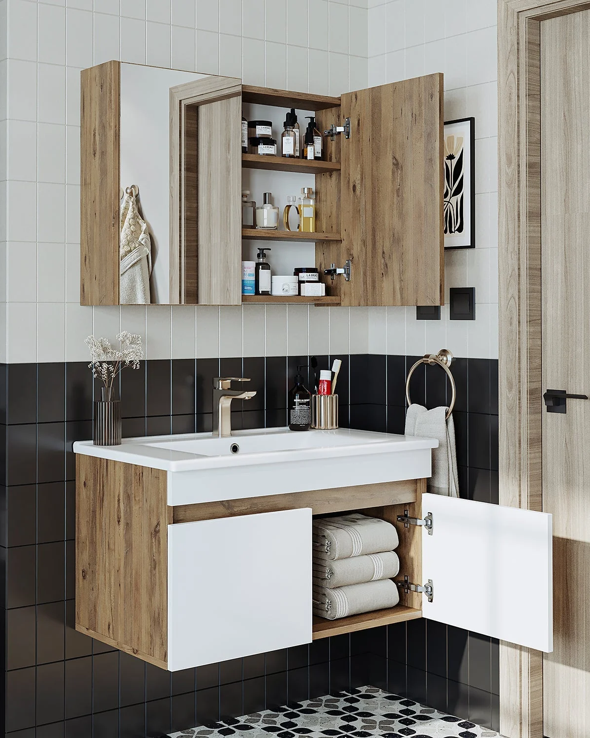 RoomArt Lavabolu Atlantik-beyaz Mat Mdf 85 Cm Banyo Alt Dolap + Aynalı Üst Dolap