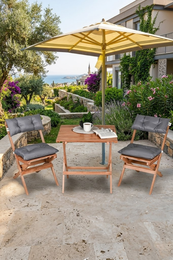 Reyo Ahşap Katlanır Puf Minderli 3'lü Bistro Set Bahçe Takımı Naturel Gri