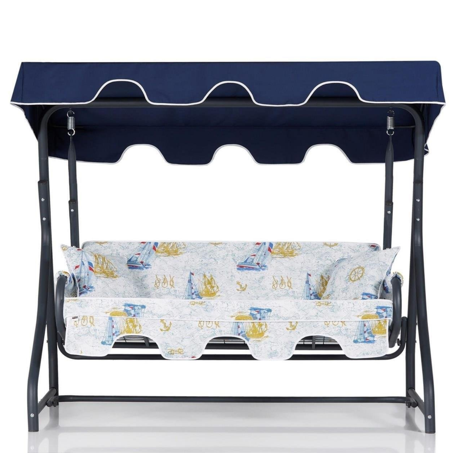 Erinöz Morus 2 Kişilik Bahçe Balkon Teras Salıncağı - Minder: Denizci Desen Tente: Lacivert