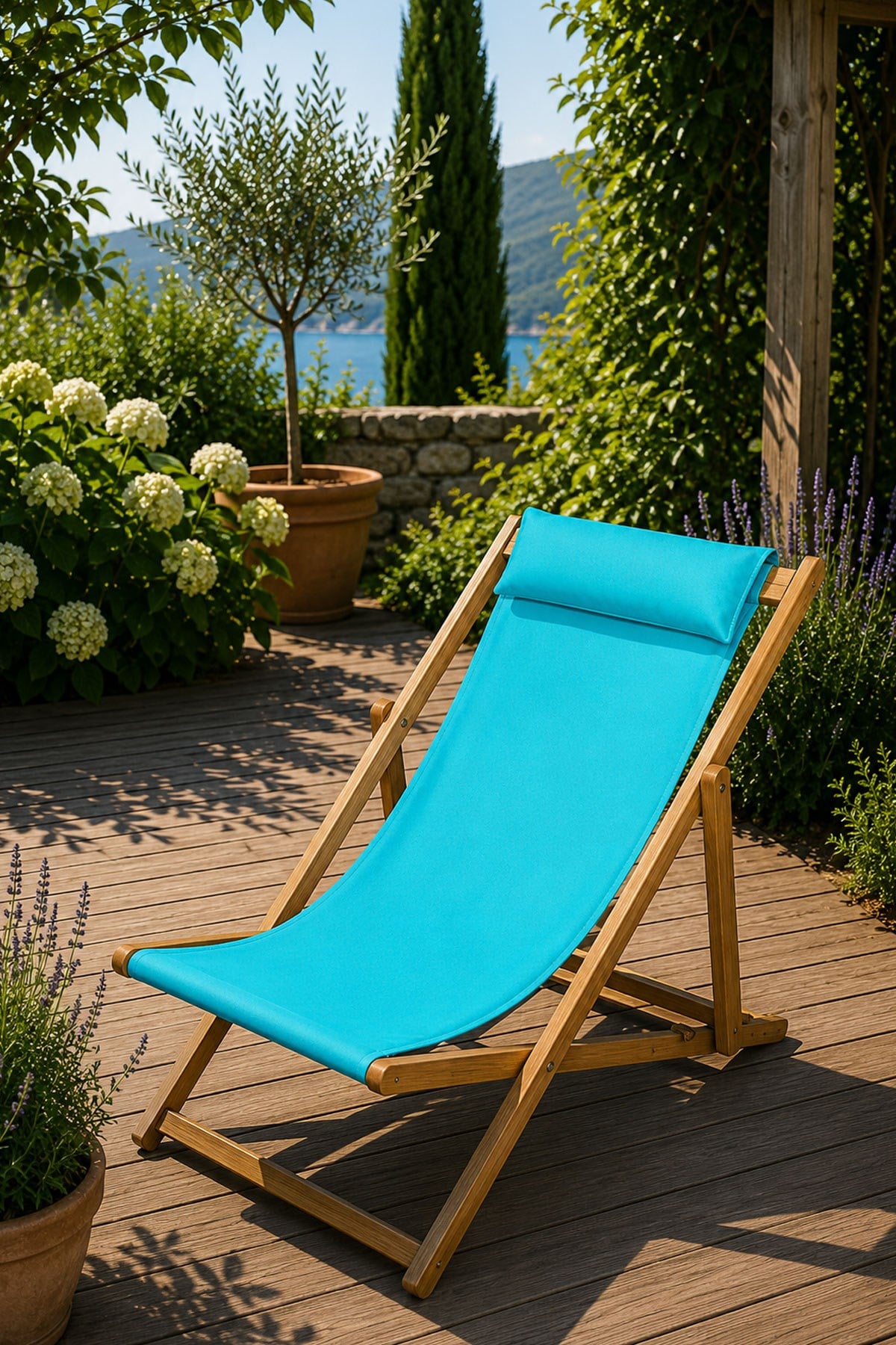 Bysay Ahşap Katlanabilir Kademeli Şezlong Sandalye Plaj Bahçe Teras Balkon Sandalyesi Koltuğu Turkuaz