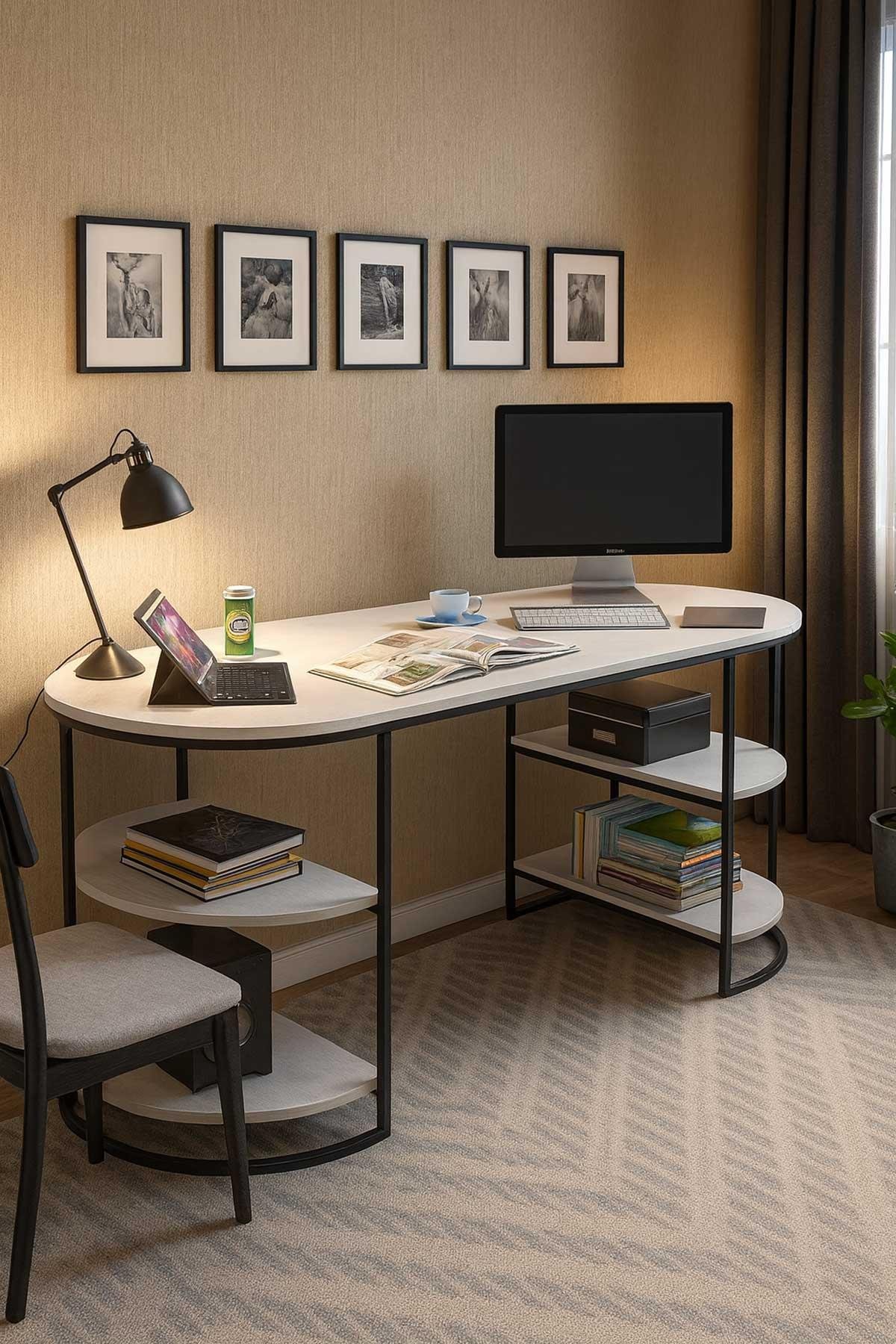 Reyo Falez Metal Ayaklı Raflı Çalışma Masası, Ofis Masası, Ders Masası Beyaz