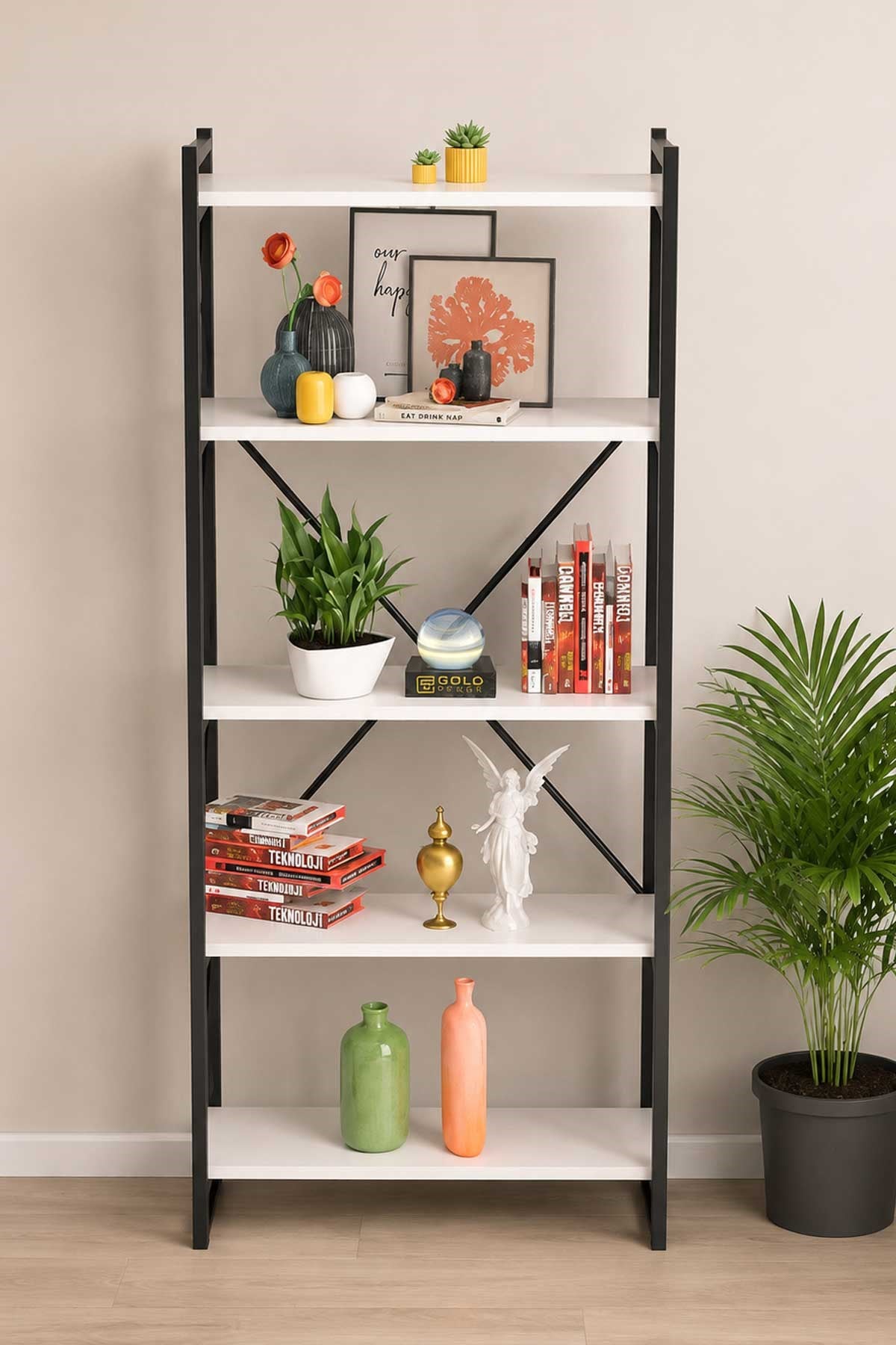 Reyo Falez Dekoratif 5 Raflı Kitaplık Geniş Metal Kitaplık Dosya Rafı Ofis Salon Raf 180x66 Beyaz