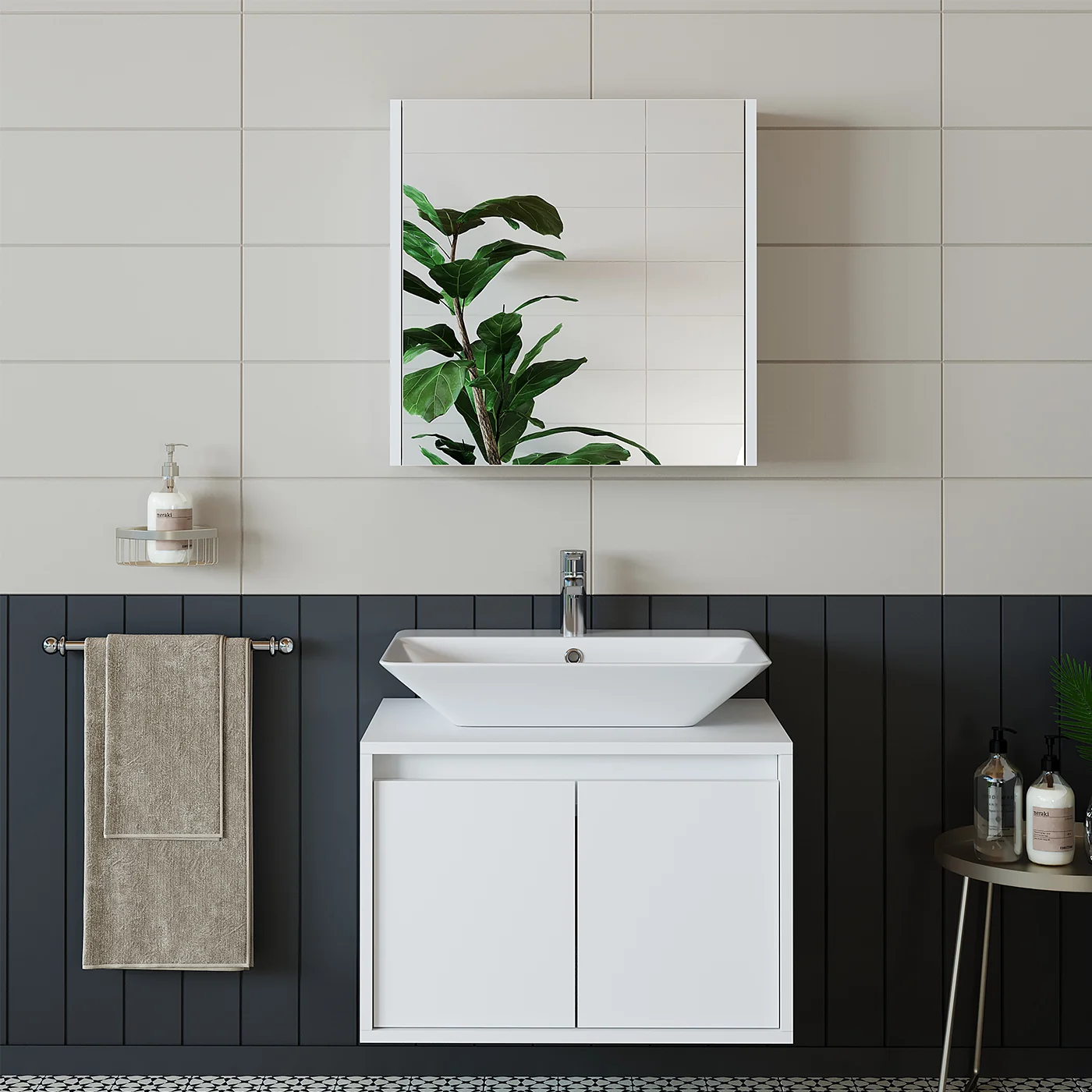 RoomArt Banos Banyo Tm7.2 Lavabolu Mat Beyaz Mdf 65 Cm Banyo Dolabı + Aynalı Banyo Üst Dolabı