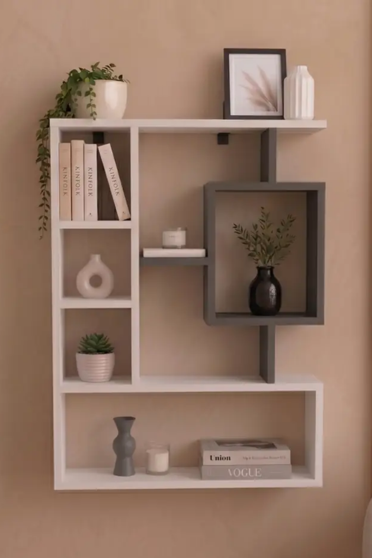 Enda Home Bigane Büyük Dekoratif Duvar Rafı 70,9 × 93,6 cm, Asimetrik Çok Bölmeli Duvara Monte Raf - Beyaz Antrasit
