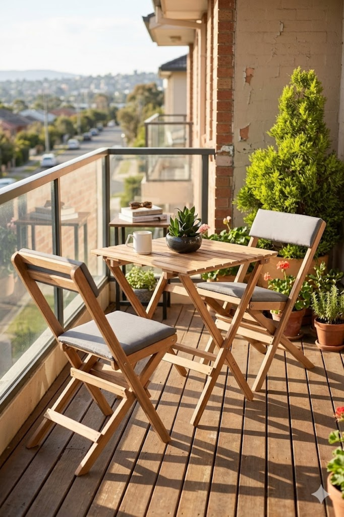 Reyo Ahşap Katlanır Döşeme Minderli 3'lü Bistro Set Bahçe Takımı Naturel Gri