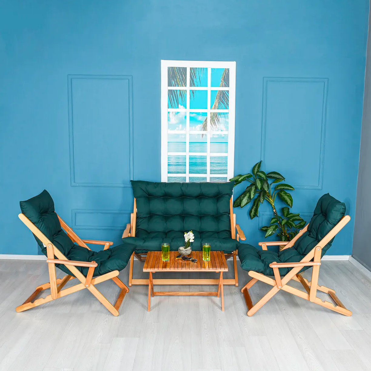 Bysay Ahşap Katlanabilir Taşinir Puf Minderli Kollu Şezlong Plaj Bahçe Teras Balkon Sandalyesi Koltuğu Takimi 4 Lü Set Haki