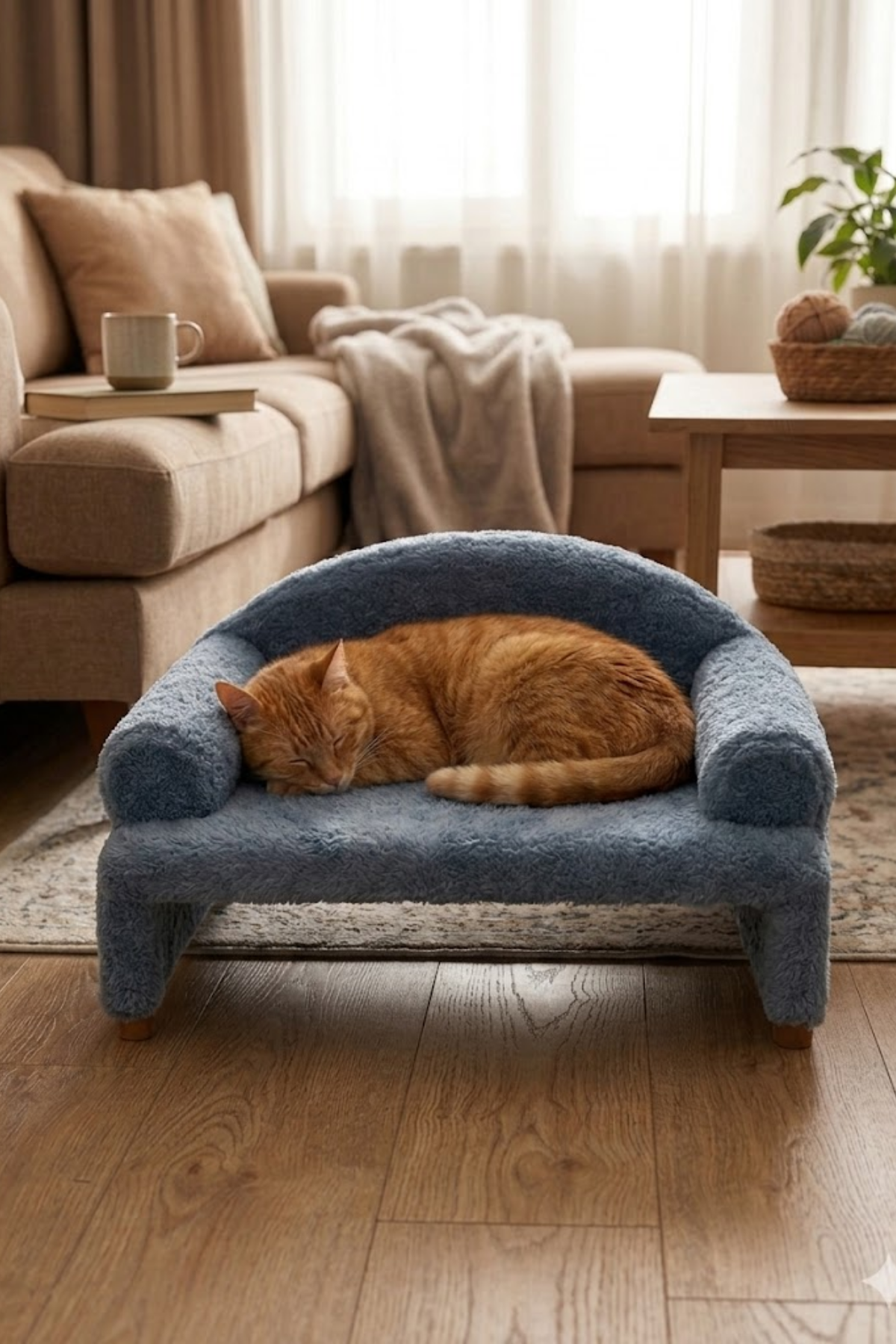 Reyo Pet Peluş Kedi Oturma Koltuğu Kedi Yatağı Çelik Mavisi