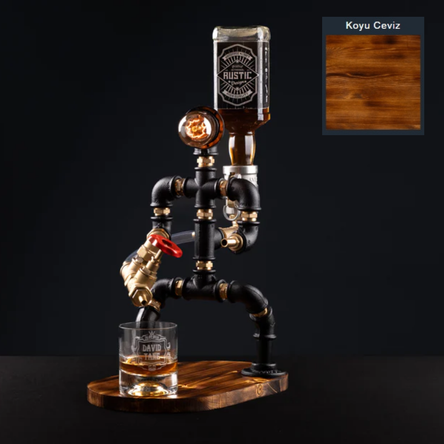 Rustik Atölye İtfaiyeci Masa Lambalı Lampenser İçki Musluğu Koyu Ceviz