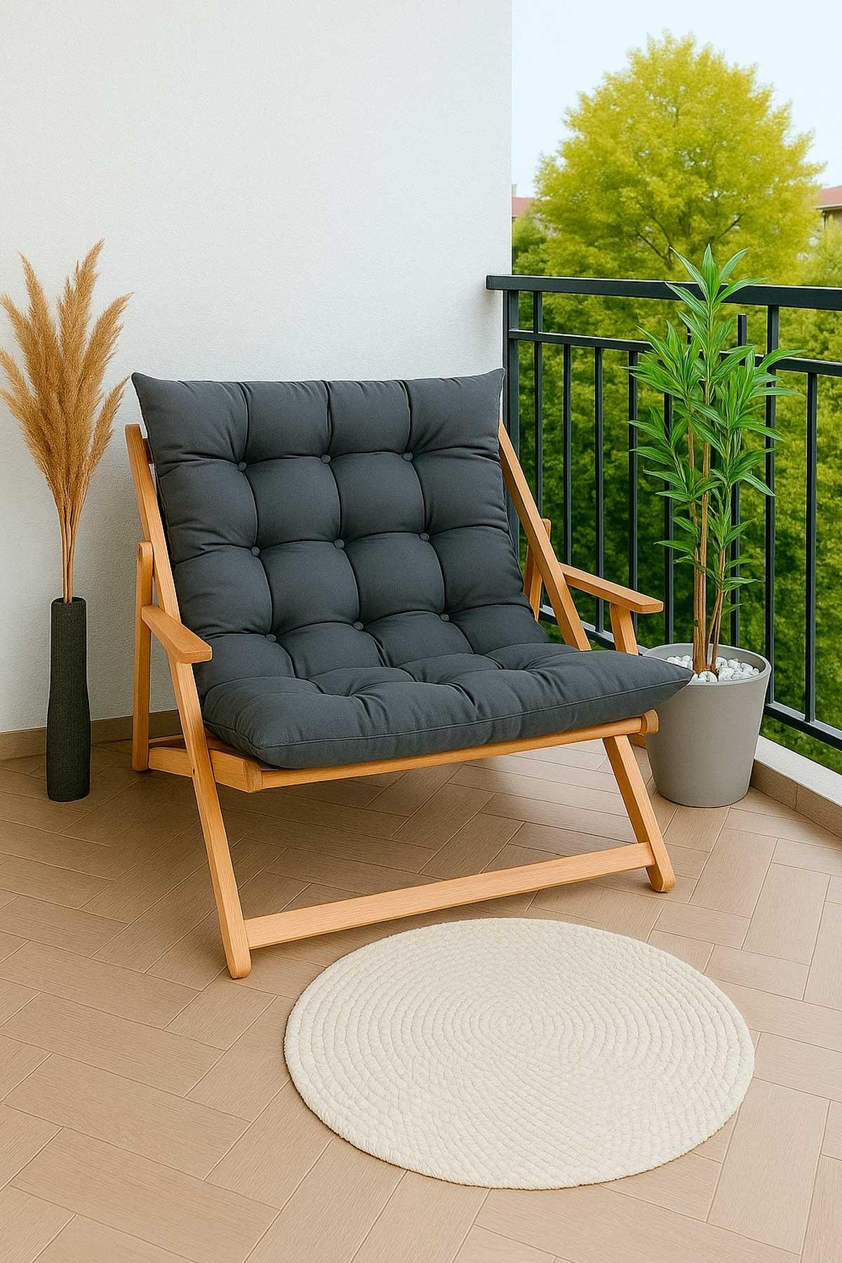Bysay Ahşap Katlanabilir Kademeli Puf Minderli Ikili Kollu Şezlong İkili Koltuk Antrasit