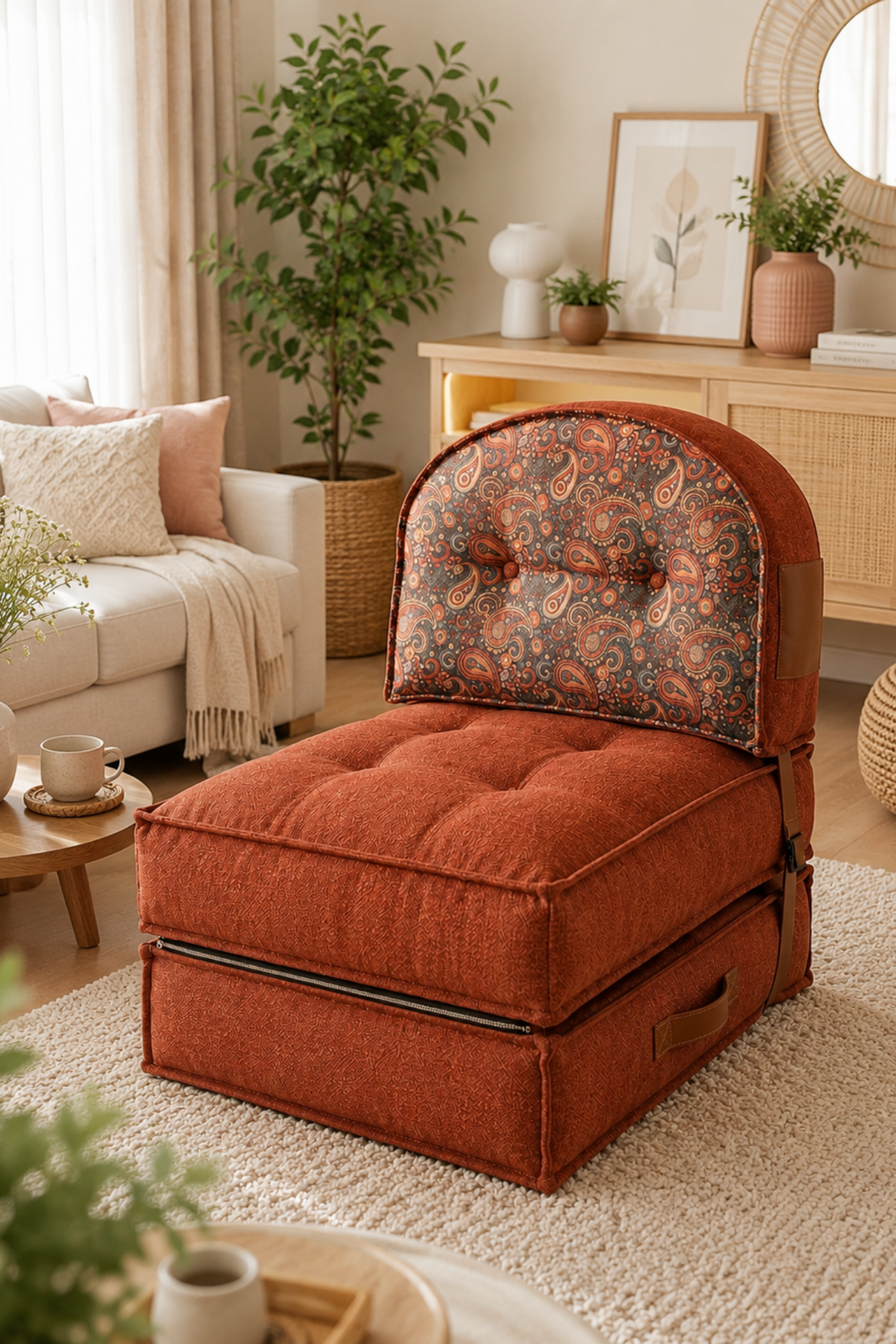 Pufymax Comfy Plus Oval Bohem Tekli Koltuk Yatak Olabilen Katlanır Berjer & Modüler Yer Yatağı 75x75x 90 cm Kiremit Desenli