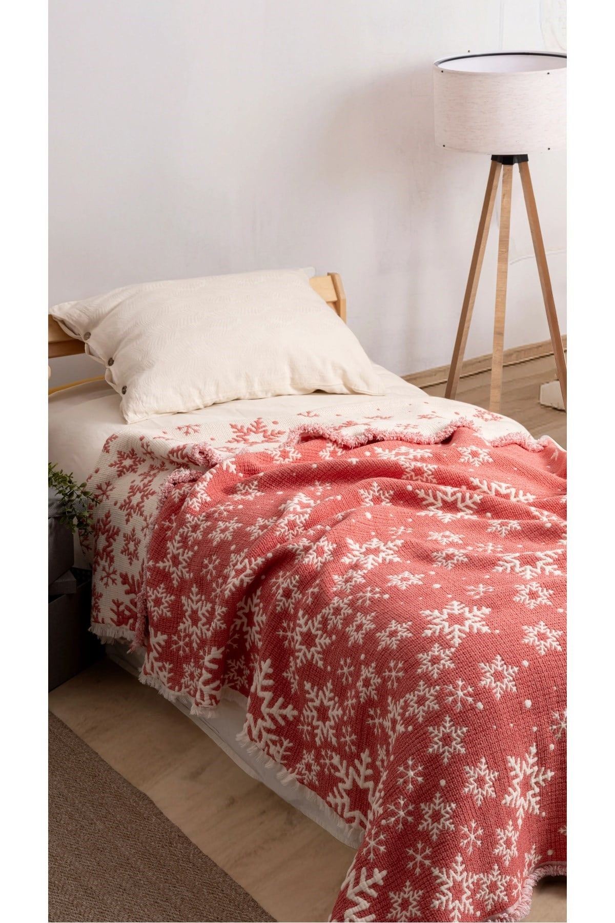 Mylasa Home Yılbaşı Temalı Kar Tanesi Desenli Müslin Yorgan, %100 Pamuk, Çift Kişilik, Kırmızı