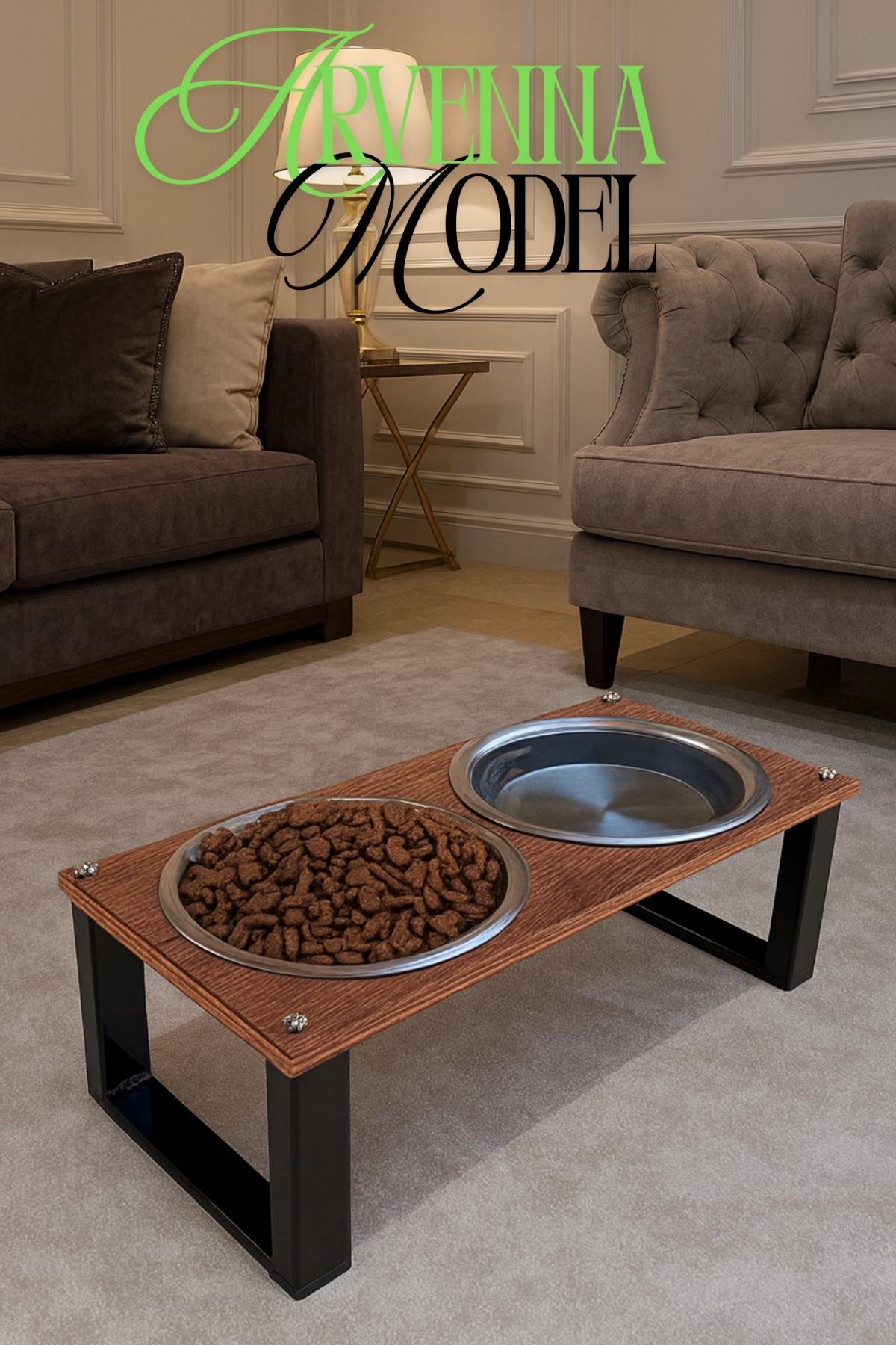 Reyo OK-AY Store Arvenna Premium Kedi ve Köpek Mama Standı Paslanmaz Çelik Kase, Kaymaz Tabanlı Siyah-Ceviz