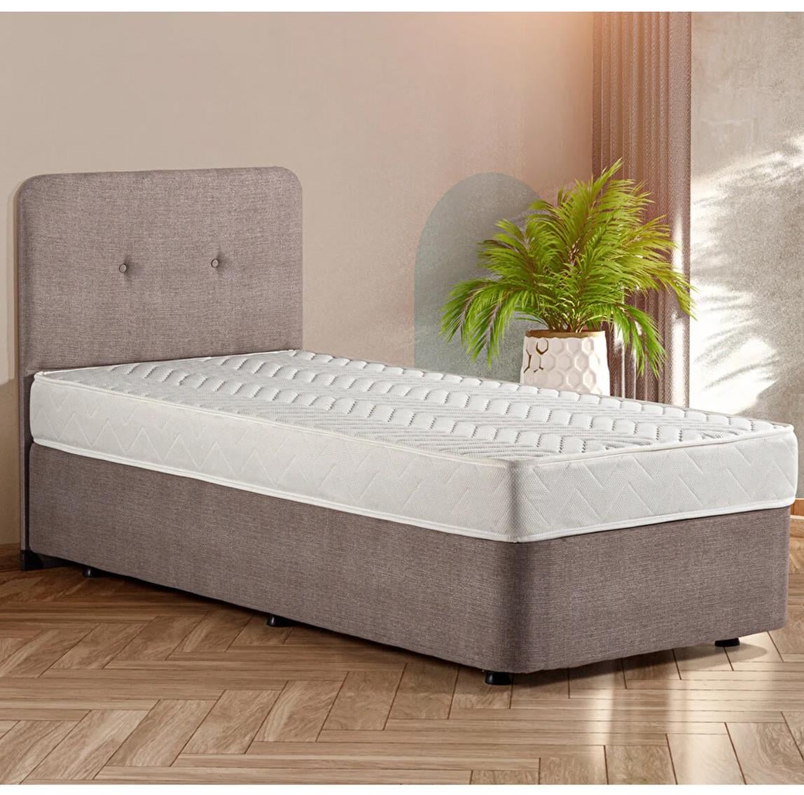 Luna Yatak Baza ve Başlık Seti - 90x190 cm Tek Kişilik Sağlamlaştırılmış Sandıklı Baza, Sert Yatak ve Başlık Takımı