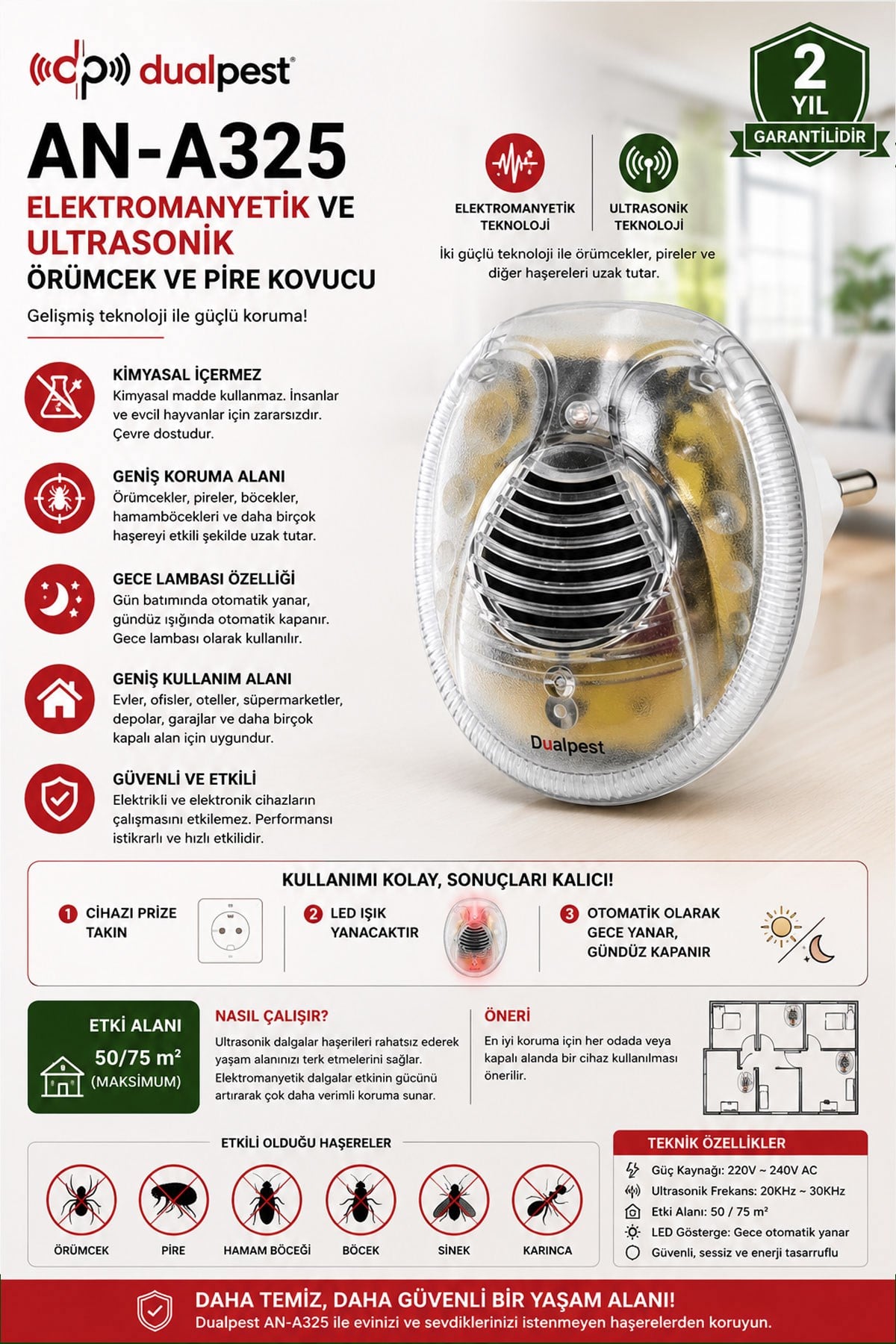 Dualpest AN-A325 Elektromanyetik ve Ultrasonik Örümcek Pire Kovucu