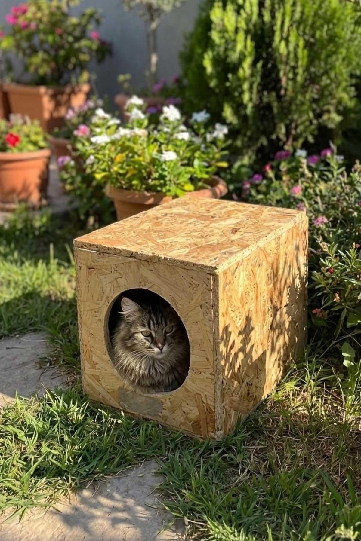 Melada Kedi Evi Dış Ortam Uygun Ahşap Kedi Evi OSB 34x27x24 cm MLD0CAT01
