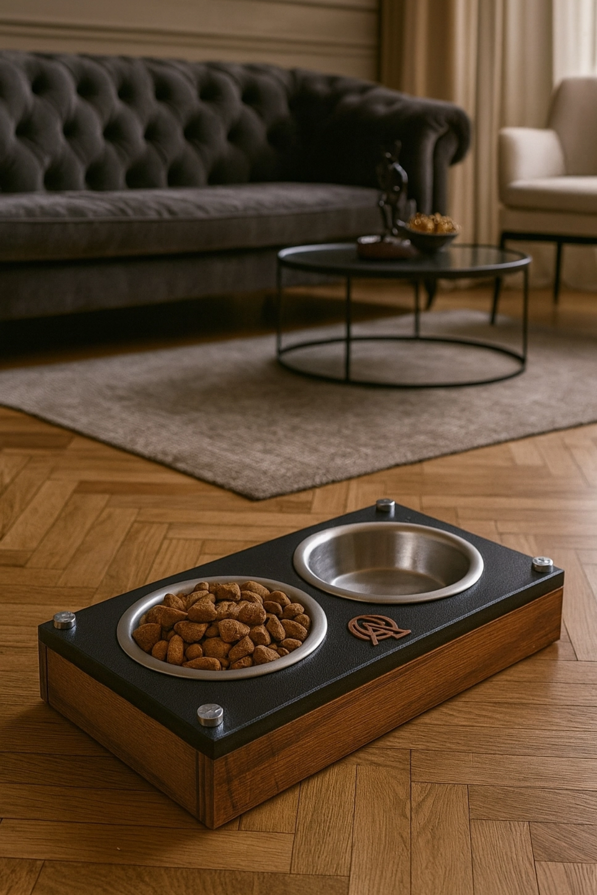 Reyo OK-AY Store Büyük Boy Şık Ahşap Mama Standı Çelik Kaseli Yükseltilmiş Kedi ve Köpek Mama Su Kabı Ceviz-Siyah