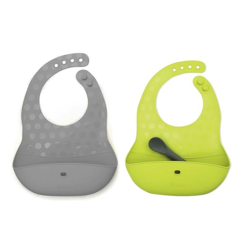 bblüv Pöket 2'li Katlanabilir Silikon Önlük ve Kaşık Seti Yeşil-Gri