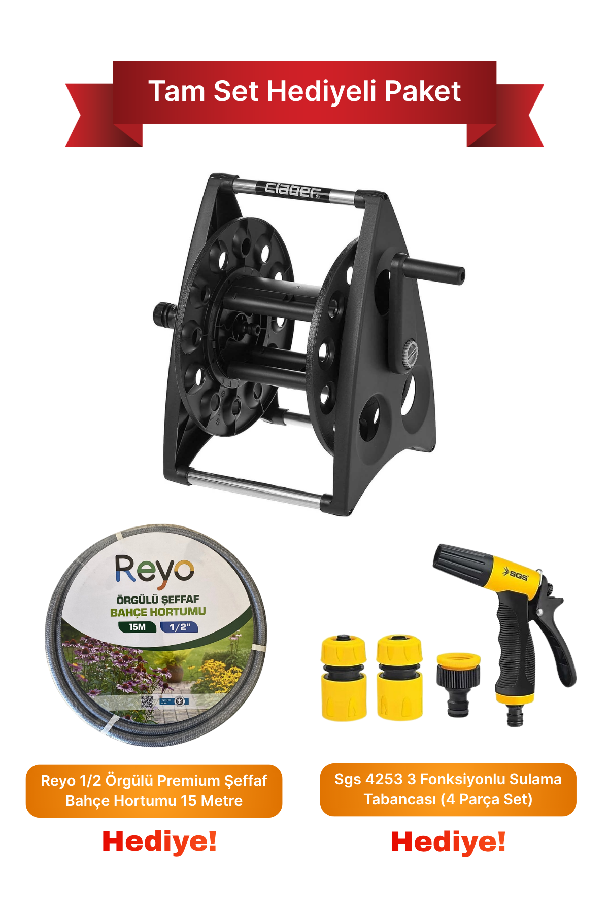 Claber 8921 40m Hortum Makarası + 15M Bahçe Hortumu + 3 Fonksiyonlu Sulama Tabancası, Tam Set