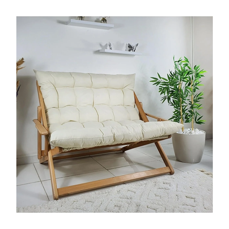 Bysay Ahşap Katlanabilir Taşınır Puf Minderli Ikili Kollu Şezlong Ikili Koltuk Krem