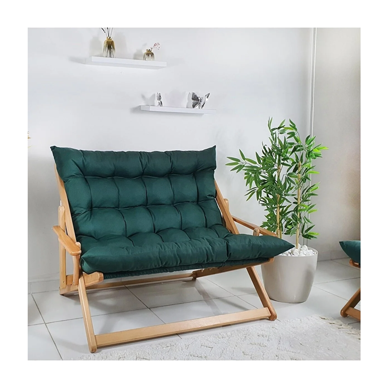 Bysay Ahşap Katlanabilir Taşınır Puf Minderli Ikili Kollu Şezlong Ikili Koltuk Haki
