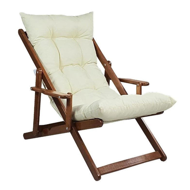 Bysay Ahşap Katlanabilir Taşınır Puf Minderli Kollu Şezlong. Plaj, Bahçe, Balkon Için (Ceviz-Krem) SMMK27102201