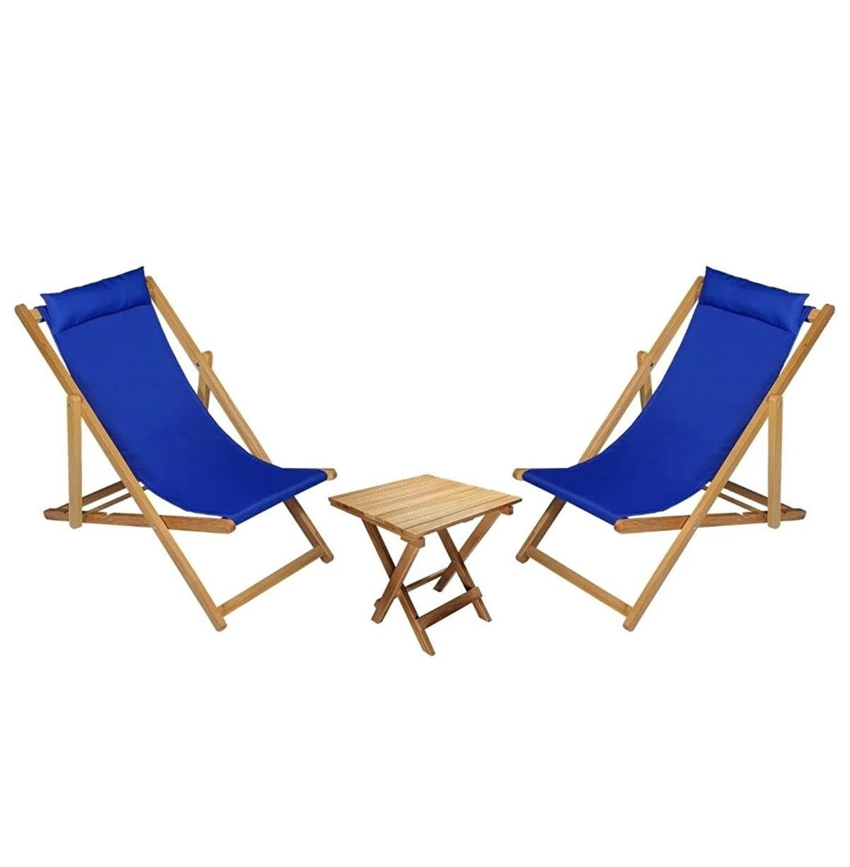 Bysay Ahşap Katlanabilir Taşınır Şezlong. Plaj, Bahçe, Teras, Balkon Şezlong 3 Lü Set Mavi