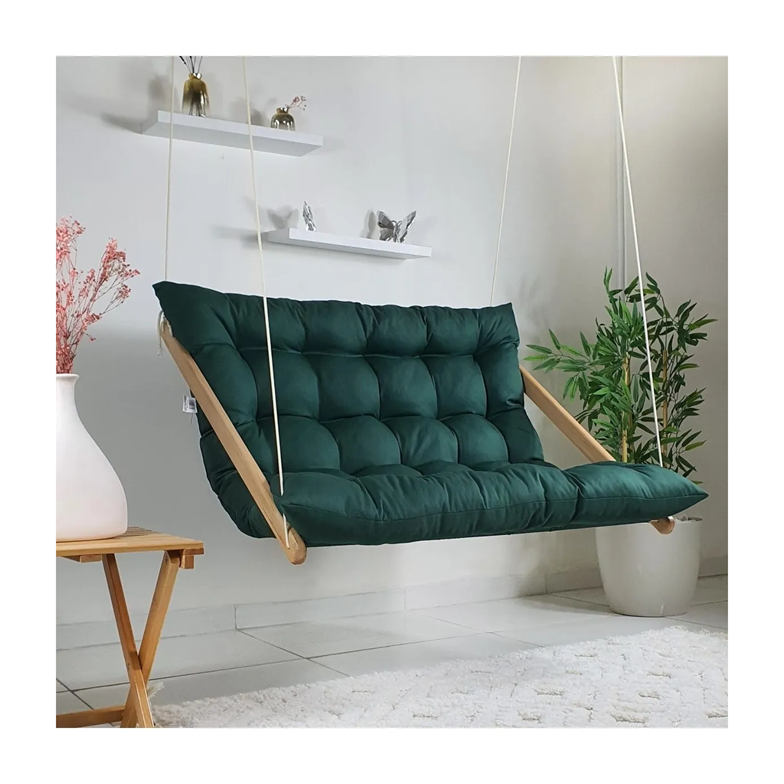 Bysay Ahşap Puf Minderli Ikili Salıncak Hamak Ev Balkon Teras Bahçe Için Haki