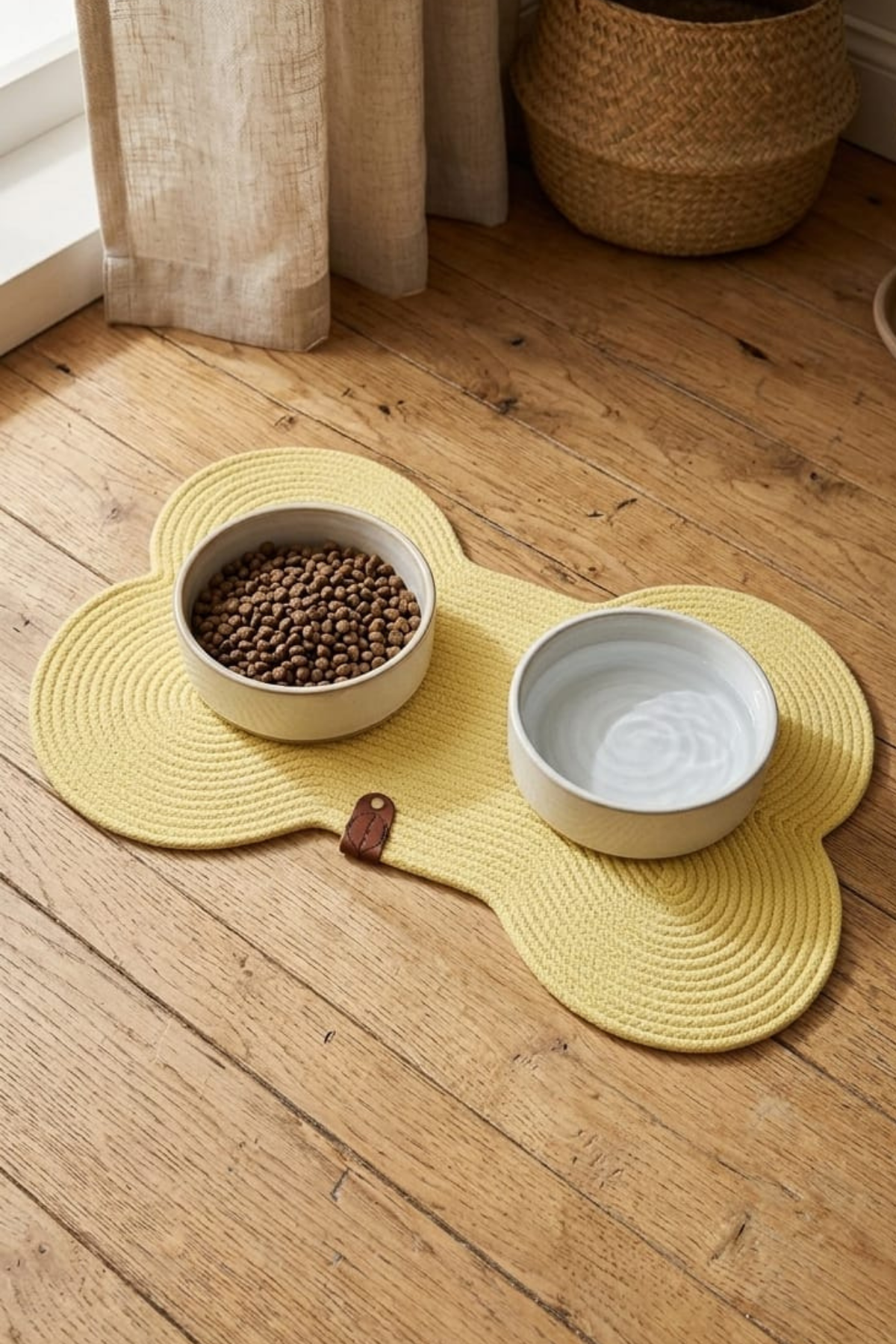 Reyo Pet El Yapımı Kemik Kedi ve Köpek Mama Matı, Kedi Tırmalama Matı, Tress İpli - Açık Sarı