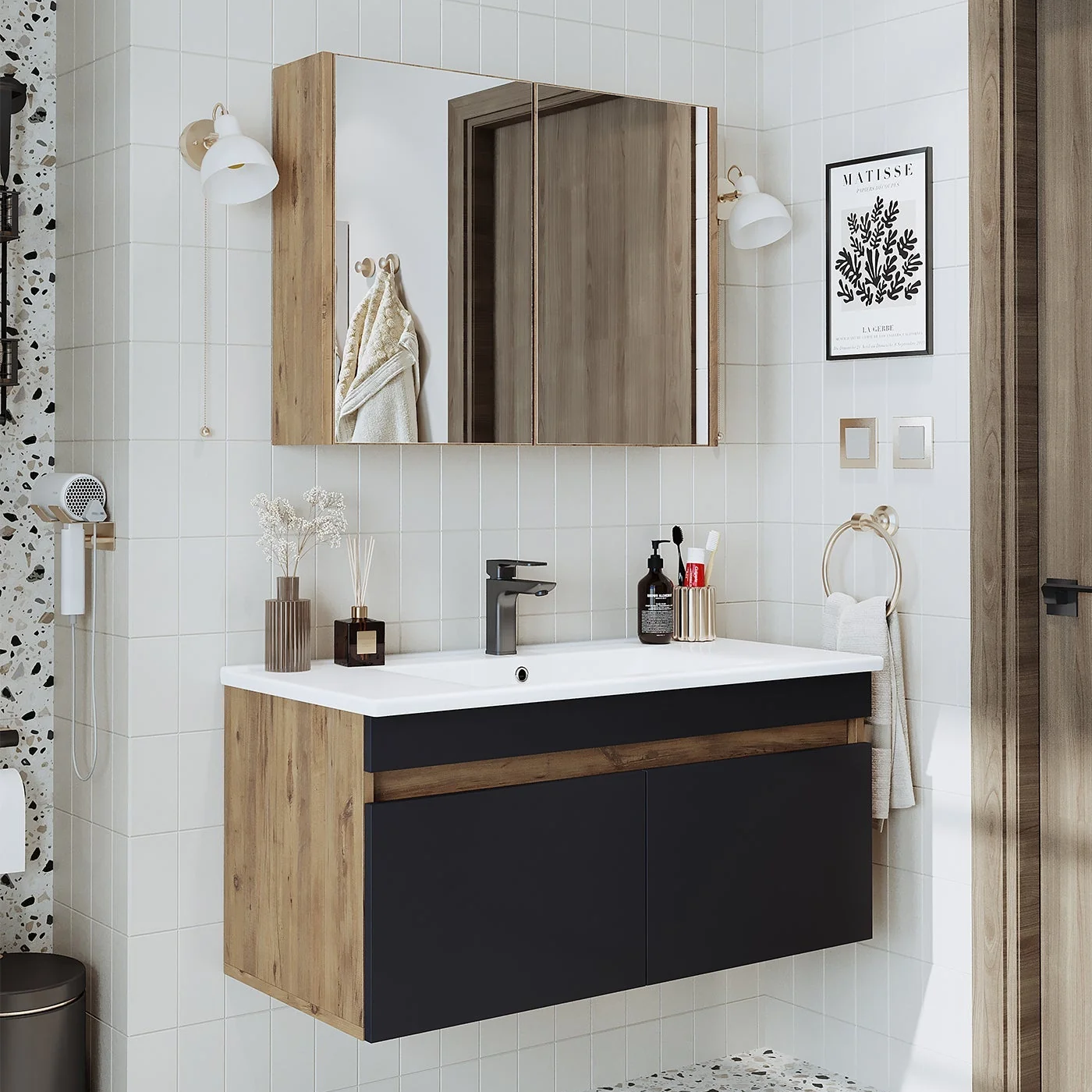 Roomart Lavabolu Atlantik - Antrasit Mat Mdf 100 cm Dolap + Aynalı Üst Dolabı