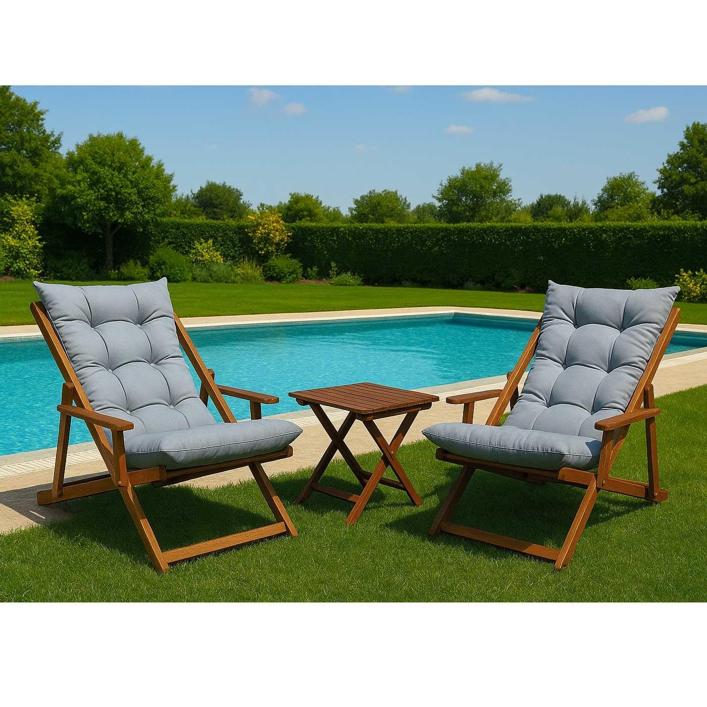 Bysay Ahşap Katlanabilir Taşınır Puf Minderli Kollu Kademeli Şezlong Plaj, Bahçe Şezlong 3lü Set Ceviz-Gri