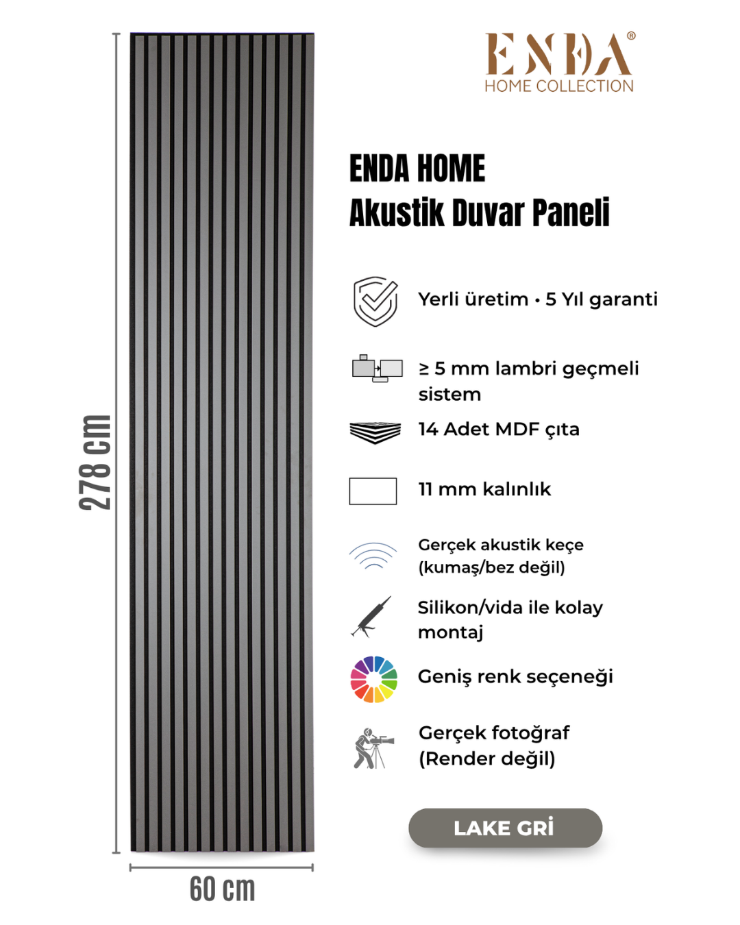 Enda Home MDF Akustik Duvar Paneli 60 x 278cm Lake Gri